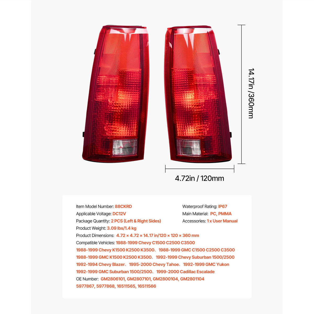 Tail Light Assembly Compatible with 1988-1999 Chevy/GMC C/K 1500 2500 3500, 1992-1999 Chevy/GMC Suburban 1500/2500, 2PCS Left & Right Side Taillight Rear Brake Lamps with Halogen Bulbs