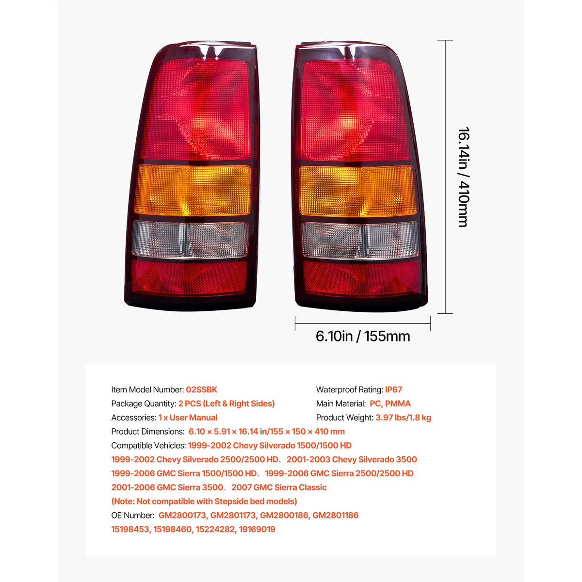 Tail Light Assembly Compatible with 1999-2003 Chevy Silverado 1999-2006 GMC Sierra 1500 1500 HD 2500 2500 HD 3500, 2007 GMC Sierra Classic Driver & Passenger Side Taillights without Bulbs (2PCS)