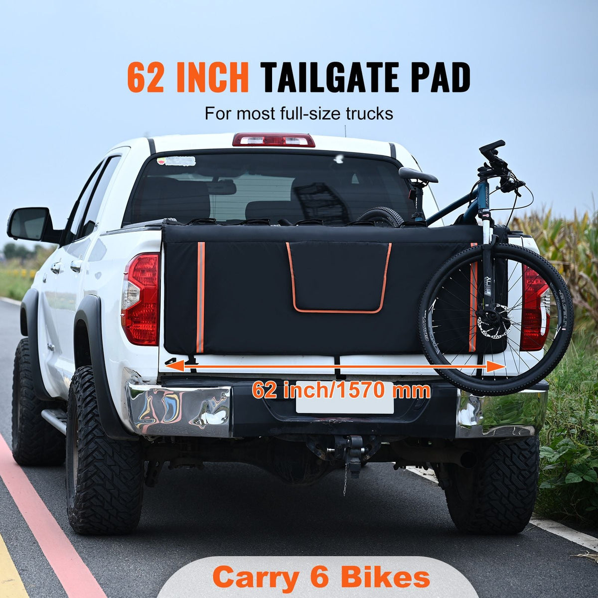 Tailgate Bike Pad, 62" Truck Tailgate Pad Carry 6 Mountain Bikes, Upgraded Grooves Tailgate Protection Pad with Reflective Strips and Tool Pockets, with Camera Opening for Most Pickup Trucks