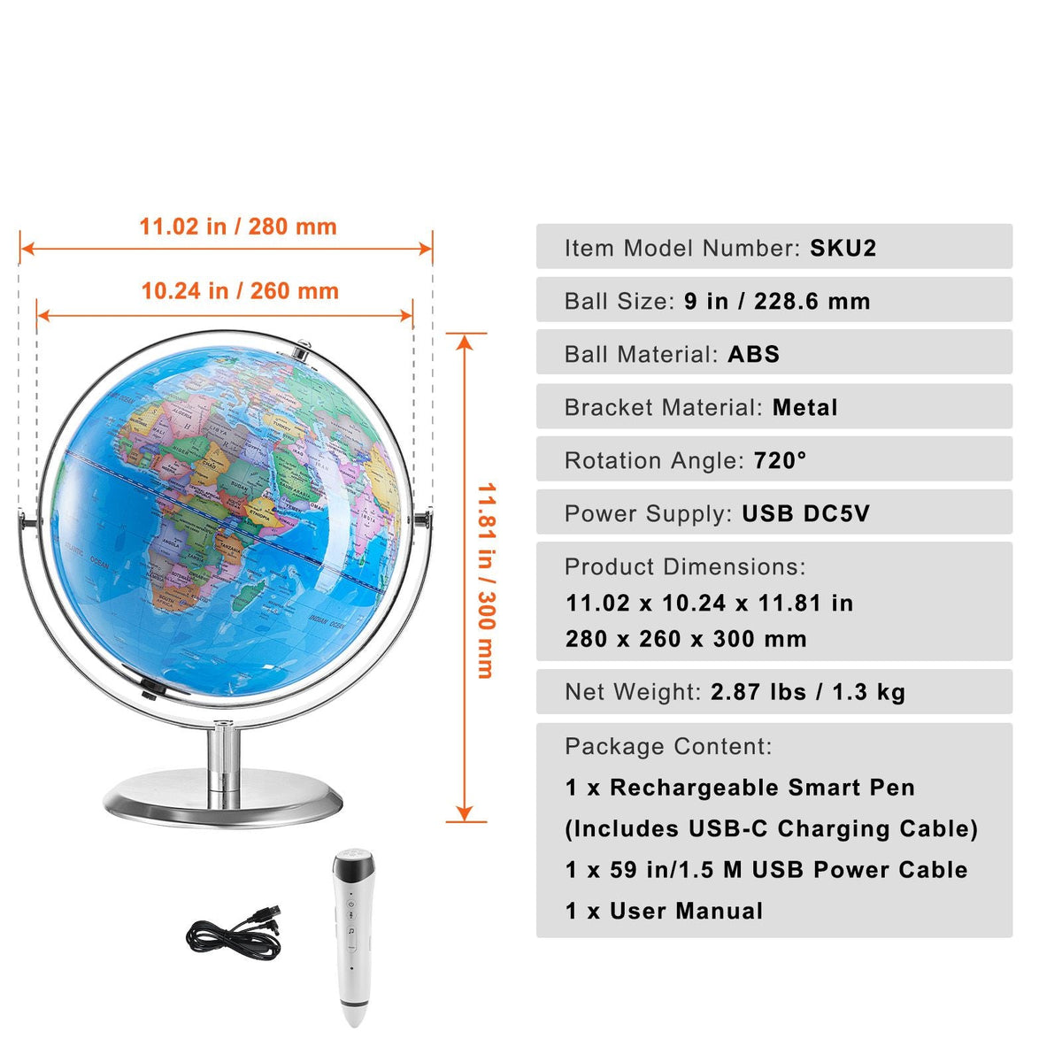 Talking World Globe, 9 in/228.6 mm, Interactive Globe for Kids Early Learning Teaching, Educational Globe with Smart Talking Pen LED Night Light USB Interface, Gifts for Children Boys & Girls