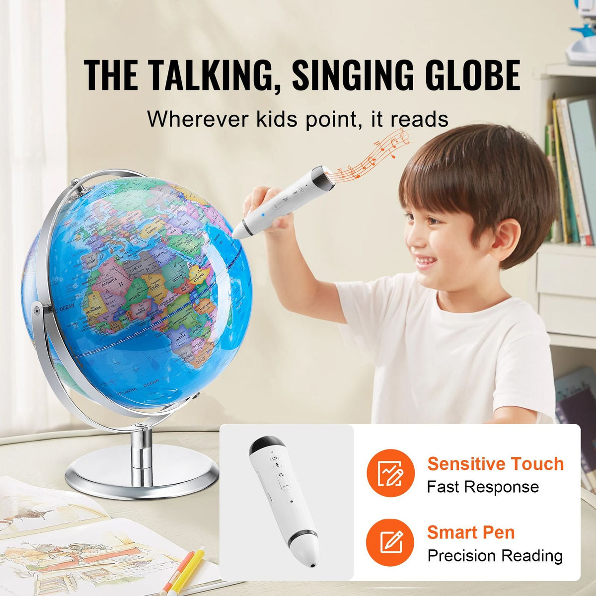 Talking World Globe, 9 in/228.6 mm, Interactive Globe for Kids Early Learning Teaching, Educational Globe with Smart Talking Pen LED Night Light USB Interface, Gifts for Children Boys & Girls