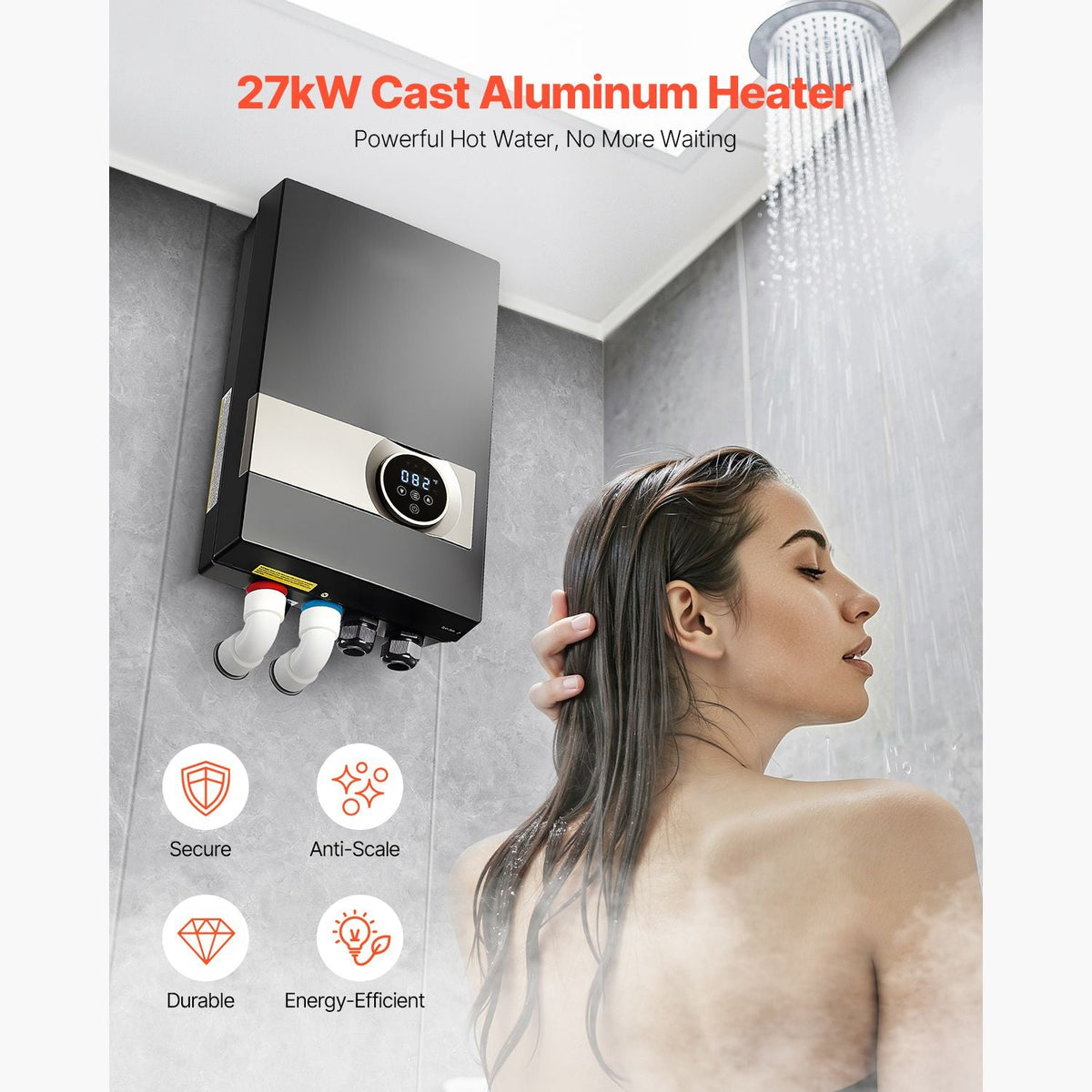 Tankless Electric Water Heater, 27kW Instant Hot Water Heater Under Sink, On Demand for Bathroom, Kitchen, Office with LCD Touch Screen, Child Security Lock ,Space-Saving, 240V Black