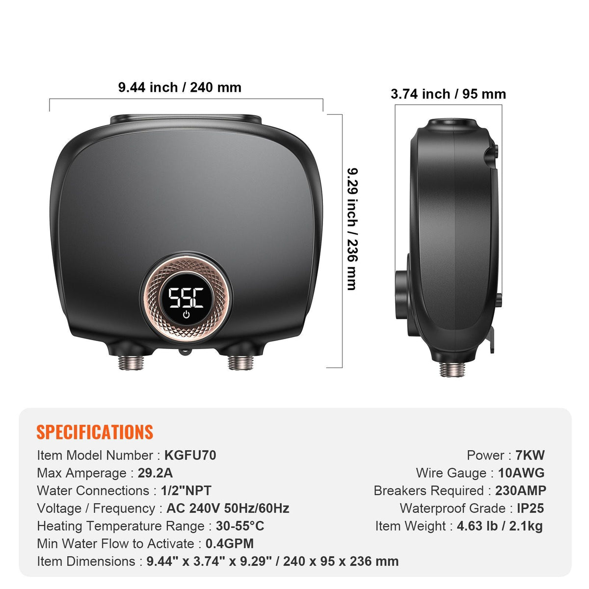 Tankless Water Heater Electric, 7kw On Demand Instant Under Sink Water Boiler, Digital Temperature Display & Easy Installation & 24-Hour Water Supply, For Kitchen Bathroom Faucet And Shower