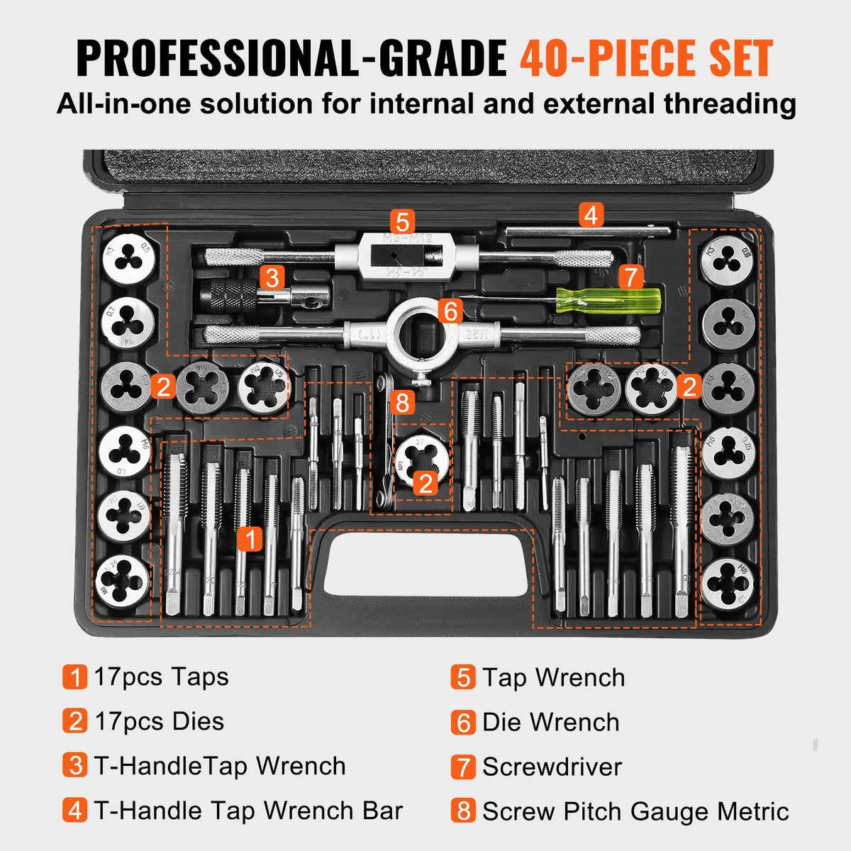 Tap and Die Set, 40-Piece Include Metric Size M3 to M12, Bearing Steel Taps and Dies, Essential Threading Tool for Cutting External Internal Threads, with Complete Accessories and Storage Case