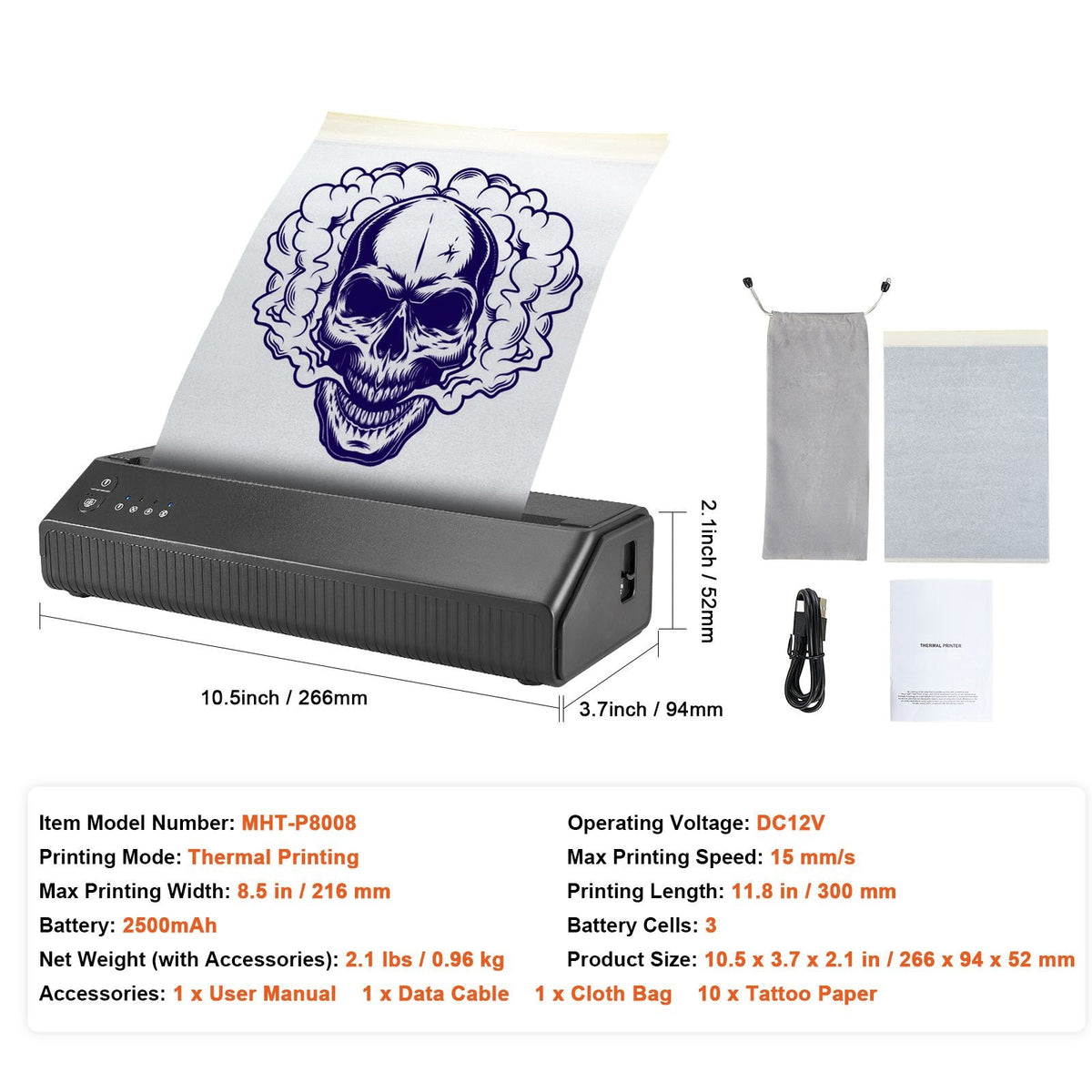 Tattoo Stencil Printer, Wireless Bluetooth Tattoo Printer Transfer Stencil Machine with 10Pcs Transfer Paper, Compatible for iOS&Android Phone, iPad&PC (with Storage Bag)