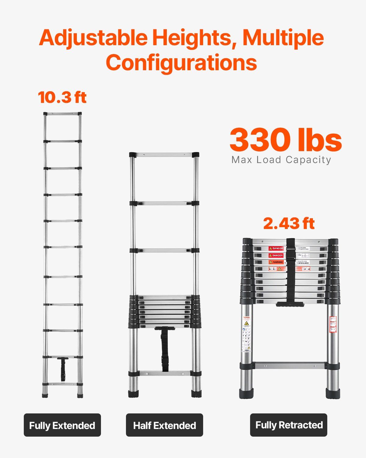 Telescoping Ladder, 12.5ft Stainless Steel Lightweight Extension Ladder, Multi-Button Retraction Collapsible Ladders, 330LBS Capacity & Non-Slip Feet, Portable 13-Step Ladders for Home, RV, Loft
