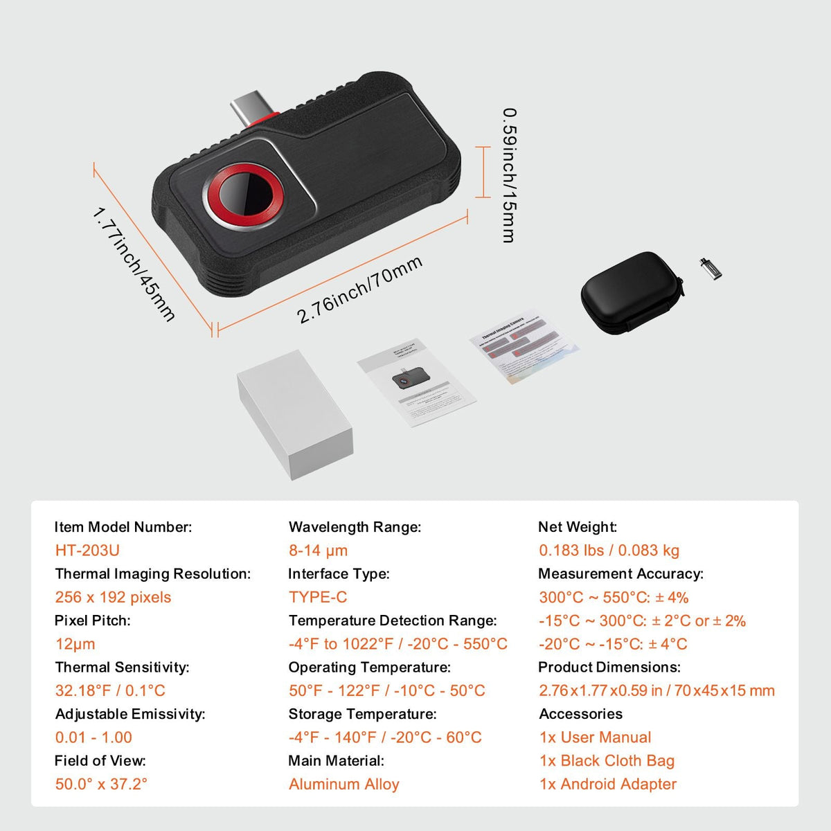 Thermal Imaging Camera for Android, 256 x 192 IR Resolution Infrared Thermal Imager with Visual Camera, 25Hz Refresh Rate Thermal Camera for Smartphone/Tablet, -4-1022 F Temperature Range, IP54