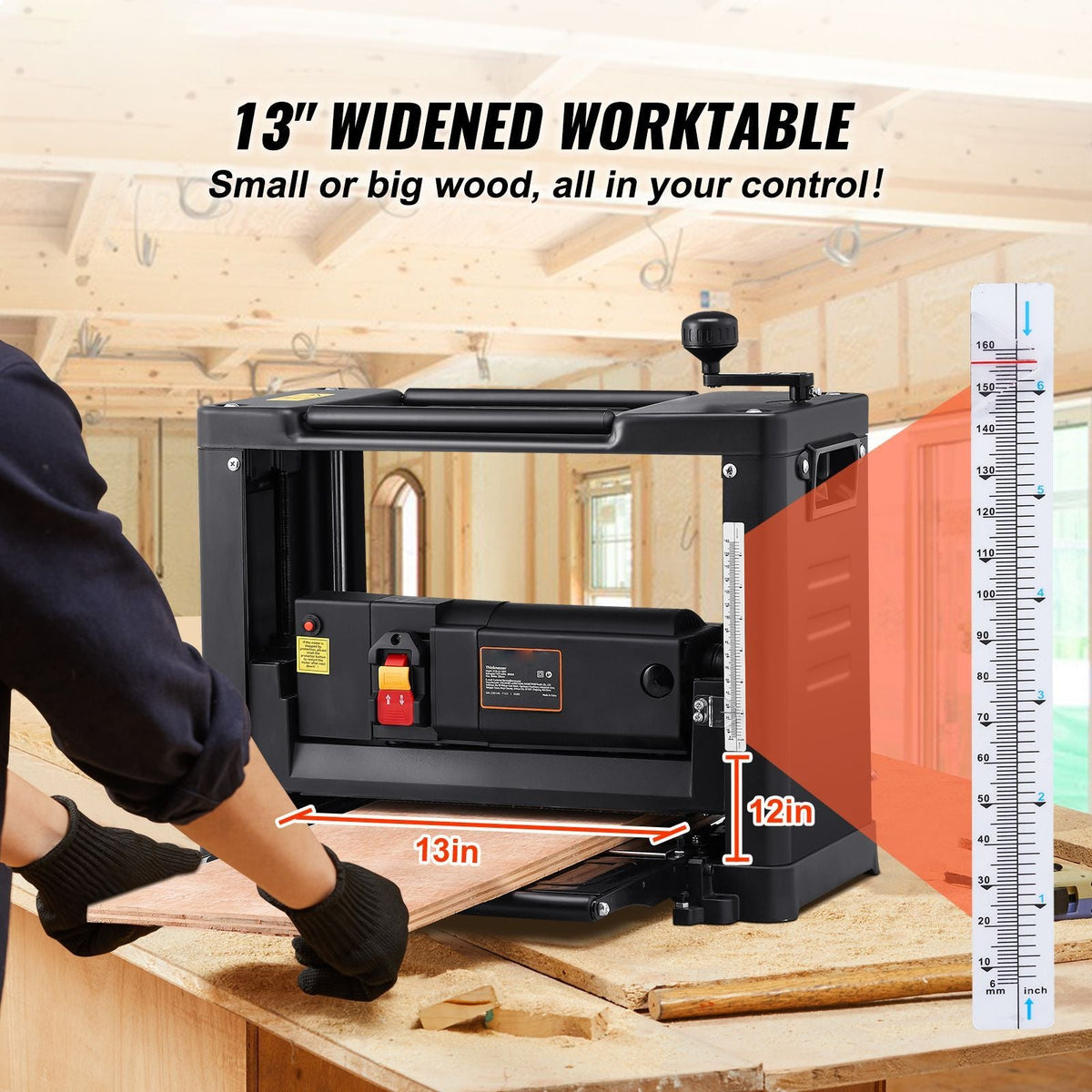 Thickness Planer, Single Speed, 13" Width Worktable Benchtop Planer, Two-Blade, 15-Amp 2000W Powerful Motor, 12" Extended Infeeding Table, Low Noise for both hard & soft wood material removal