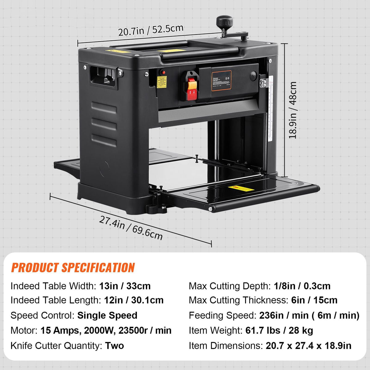 Thickness Planer, Single Speed, 13" Width Worktable Benchtop Planer, Two-Blade, 15-Amp 2000W Powerful Motor, 12" Extended Infeeding Table, Low Noise for both hard & soft wood material removal