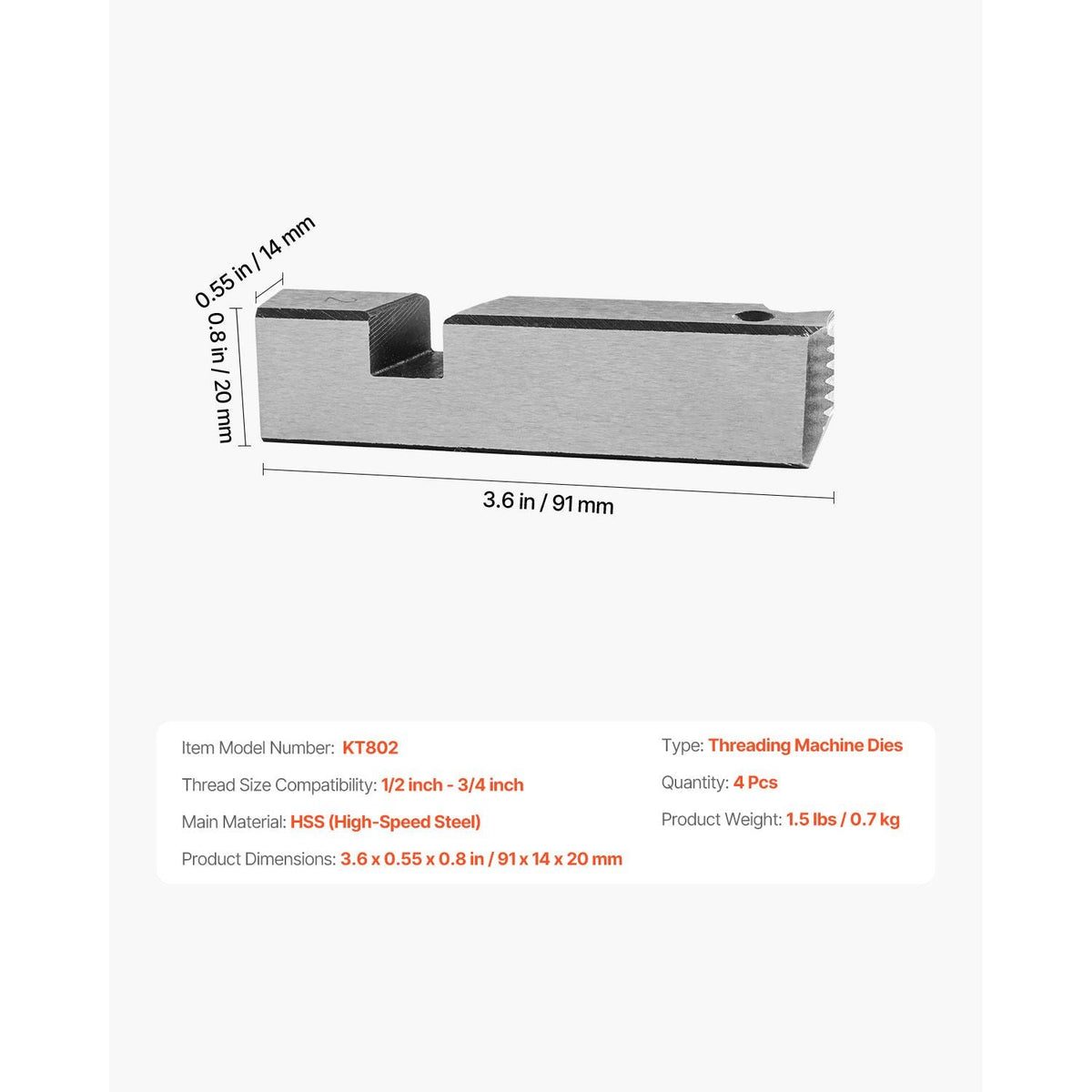 Threading Machine Dies, 1/2"-3/4" NPT Pipe Dies(4 Packs), Right-Handed HSS Pipe Threading Dies, Fit Integrated Pipe Threading Machines