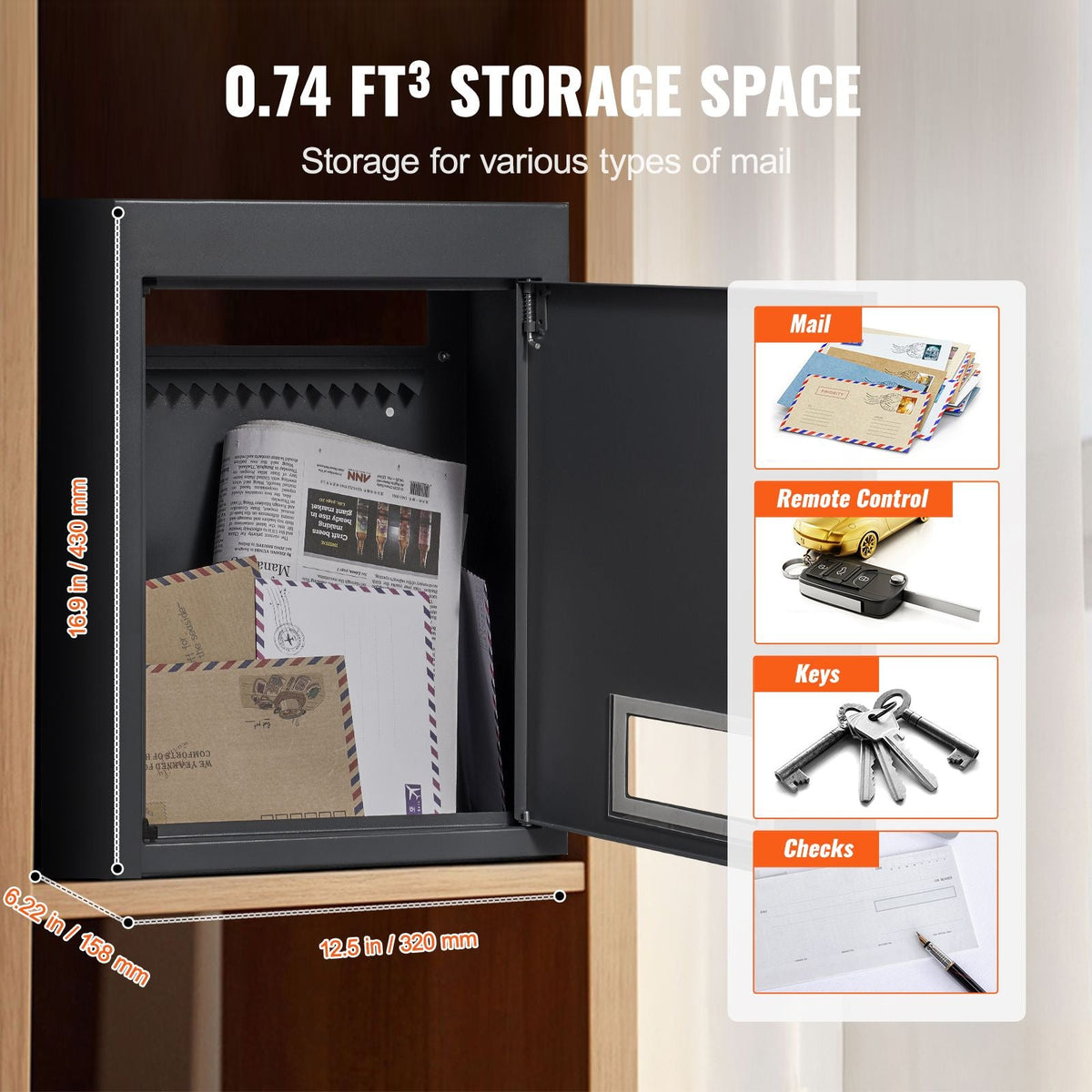 Through The Wall Drop Box, Heavy Duty Steel Through the Wall Mailbox with 2.8-7.9" 13" Combination Lock, 12.5x6.3x16.9" Mail Drop Box, Black