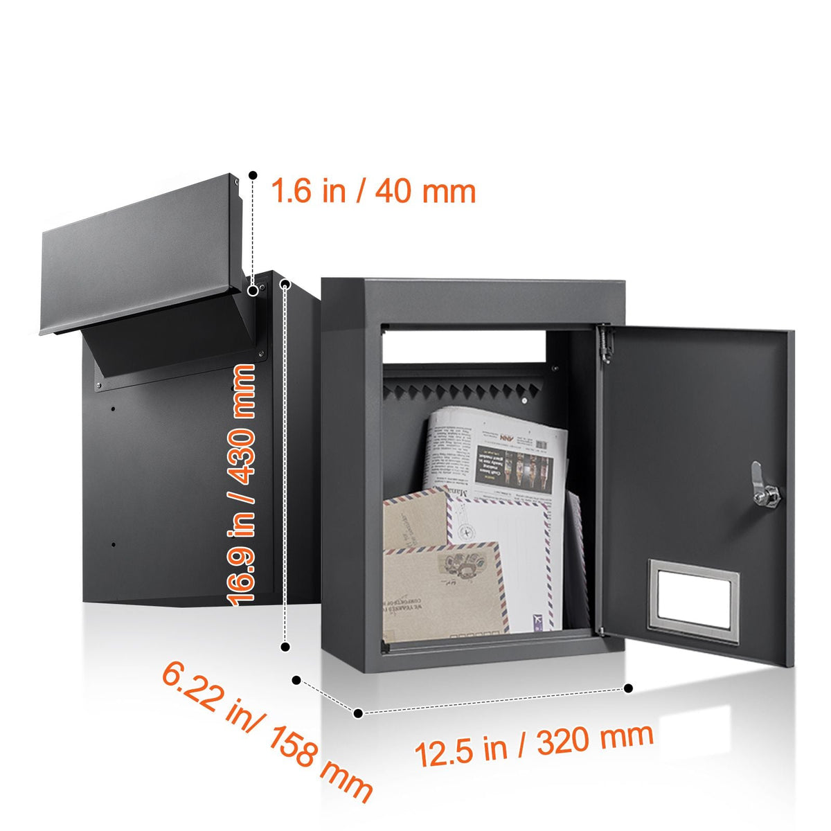 Through The Wall Drop Box, Heavy Duty Steel Through the Wall Mailbox with 2.8-7.9" 13" Combination Lock, 12.5x6.3x16.9" Mail Drop Box, Black