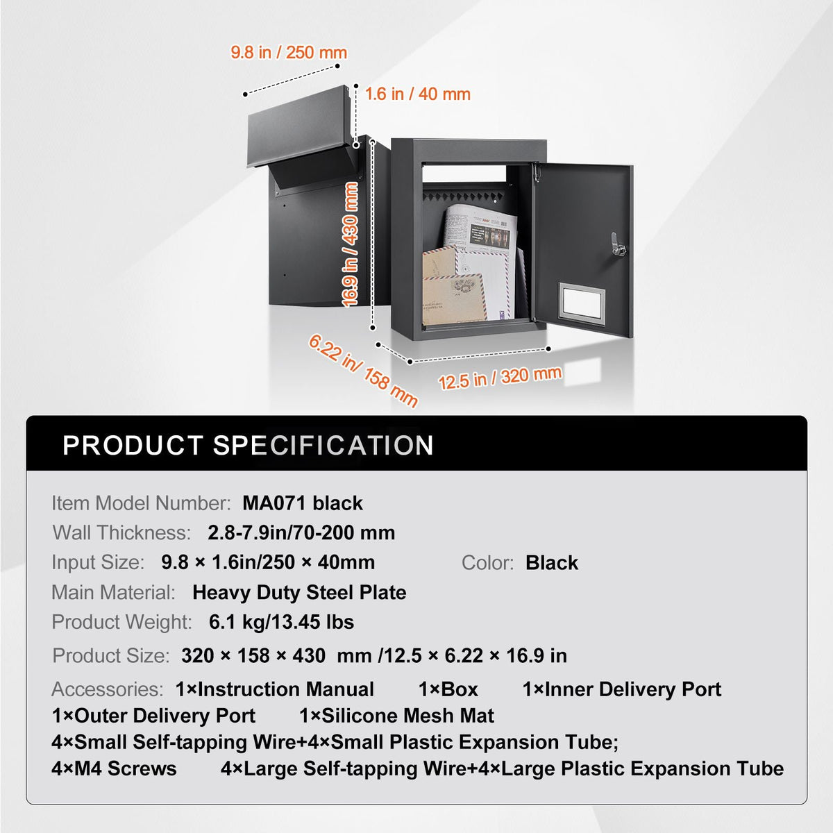 Through The Wall Drop Box, Heavy Duty Steel Through the Wall Mailbox with 2.8-7.9" 13" Combination Lock, 12.5x6.3x16.9" Mail Drop Box, Black
