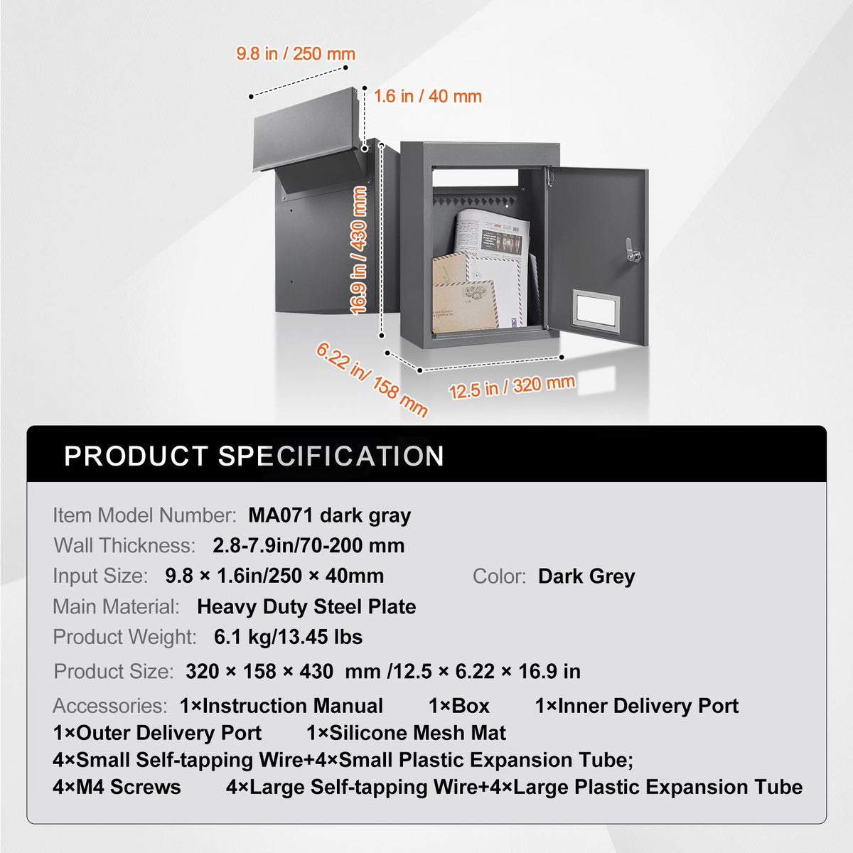 Through The Wall Drop Box, Heavy Duty Steel Through The Wall Mailbox with 2.8-7.9" 13" Combination Lock, 12.5x6.3x16.9 Mail Drop Box, Dark Gray