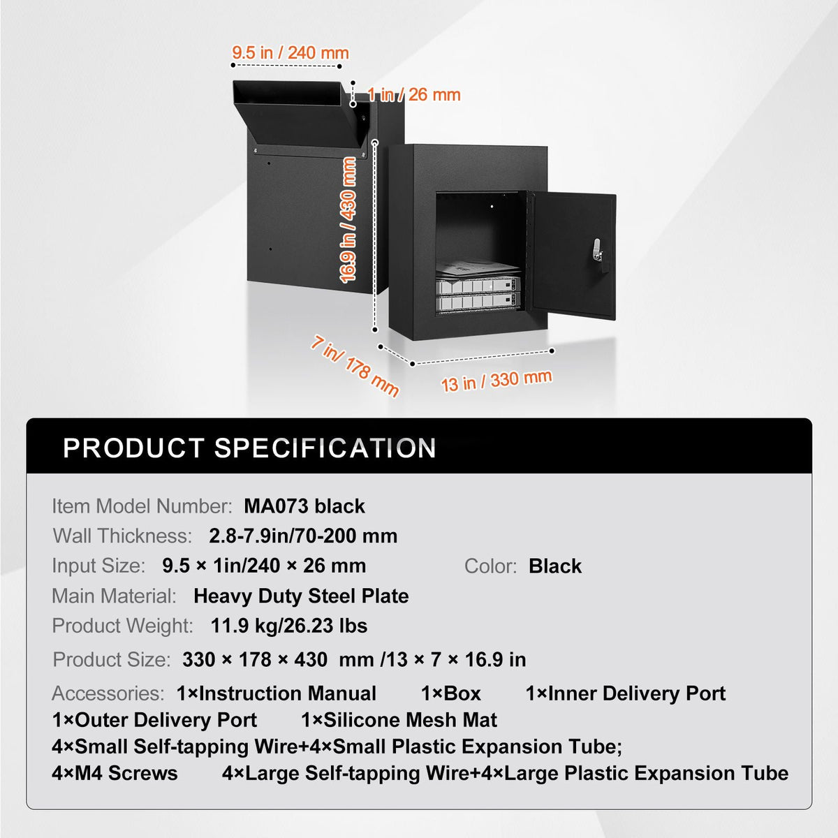 Through The Wall Drop Box, Heavy Duty Steel Through the Wall Mailbox with 2.8-7.9" 13" Combination Lock, 13x7x17" Mail Drop Box, Black