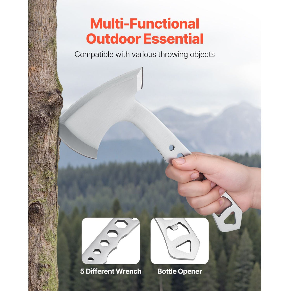 Throwing Axes and Tomahawks, 3 Pack Hatchet Axes and 3 Pack Knives Throwing Products Set, Handle with Wrench and Bottle Opener, Stainless Steel, Black Nylon Sheath, for Recreation Competition