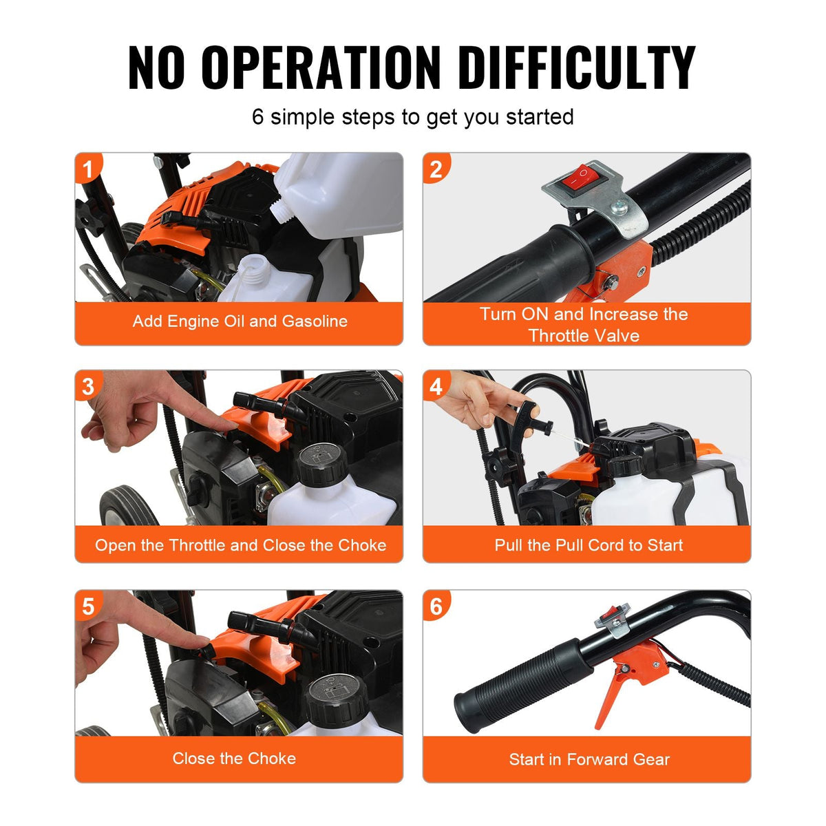 Tiller Cultivator, 43CC 2-Stroke Garden Cultivator, Tiller with 4 Steel Adjustable Front Tines for Lawn, Garden and Field Cultivation