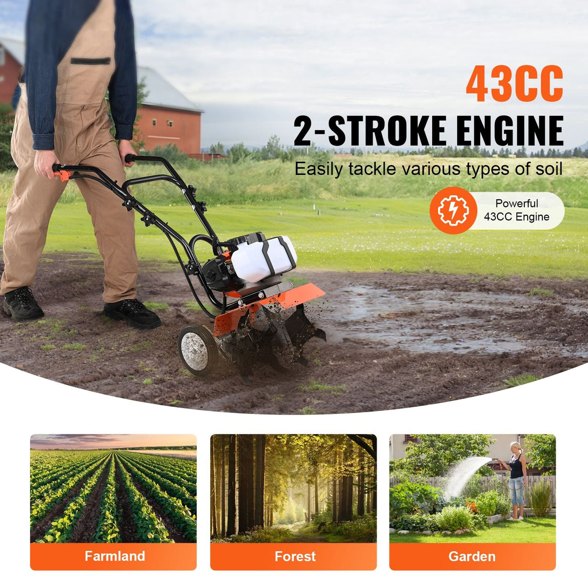 Tiller Cultivator, 43CC 2-Stroke Garden Cultivator, Tiller with 4 Steel Adjustable Front Tines for Lawn, Garden and Field Cultivation