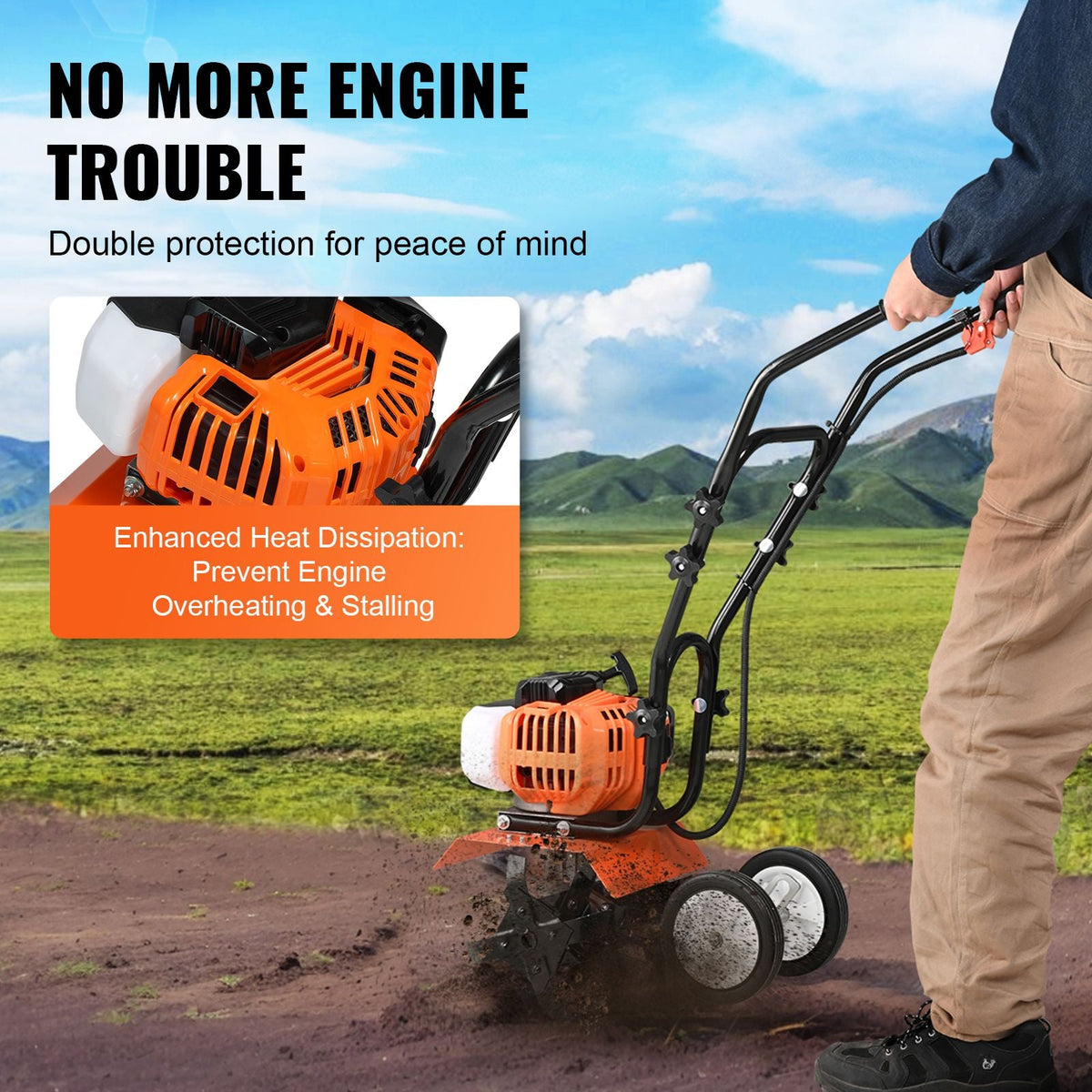 Tiller Cultivator, 43CC 2-Stroke Garden Cultivator, Tiller with 4 Steel Adjustable Front Tines for Lawn, Garden and Field Cultivation