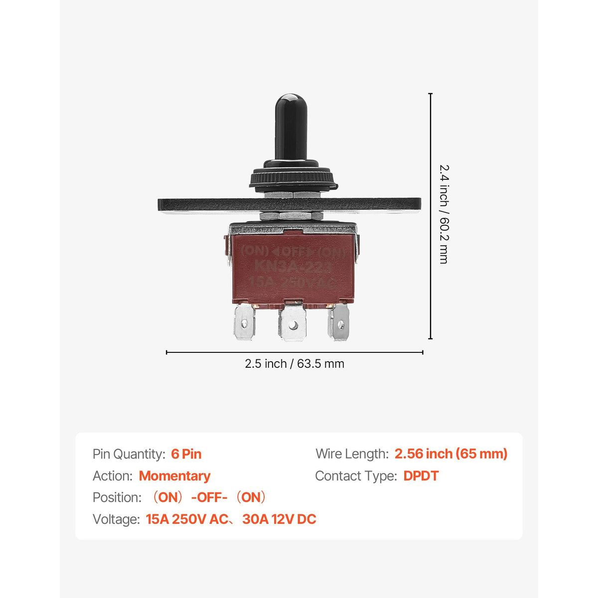 Toggle Switch, 6 Pin Momentary Polarity Reversing Toggle Switch (ON)-Off-(ON) DC 12V/30A AC 250V/15A - with Up Down Mounting Panel & Waterproof Boot Cap for Auto Car Marine Boat