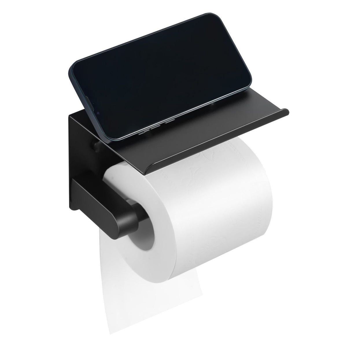 Toilet Paper Holder with Shelf, Fits Mega Rolls Size, Stainless Steel Rustproof Material, Wall Mounted with Screws and Double-Sided Tape, Toilet Roll Tissue Holder for Bathroom, Matte Black