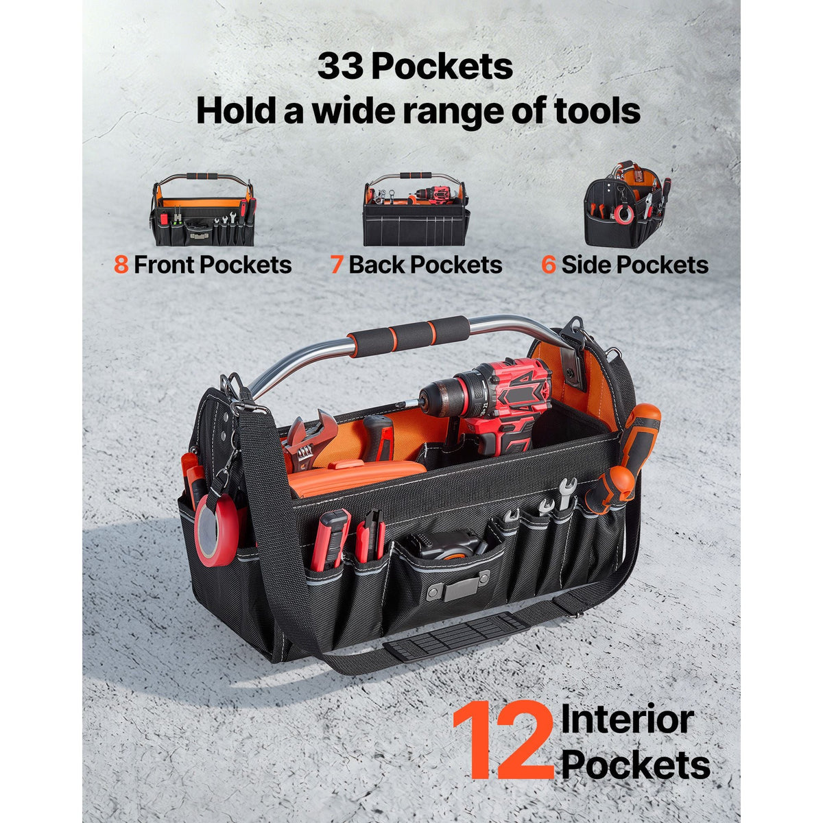 Tool Bag, 16.1 Inch, 33-Pocket Open Top Tool Tote, Electrical Maintenance Toolbox Organizer Storage with Handle, Adjustable Shoulder Strap, Portable Toolbag, for Professionals DIY & Jobsite Use