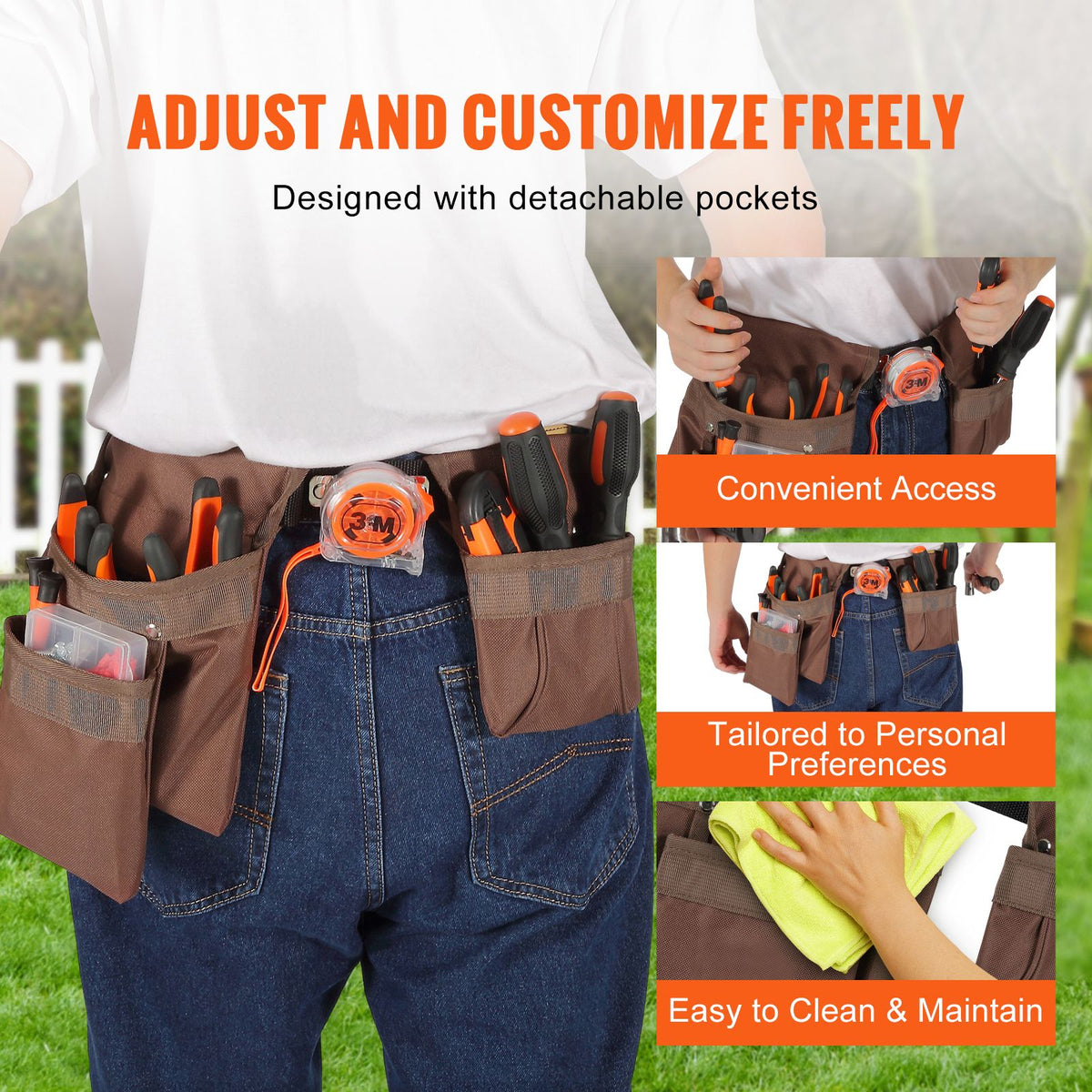 Tool Belt, Adjusts from 29 Inches to 54 Inches, Polyester Heavy Duty Tool Pouch Bag, Detachable Tool Bag for Electrician, Carpenter, Handyman, Woodworker, Construction, Framer, Brown