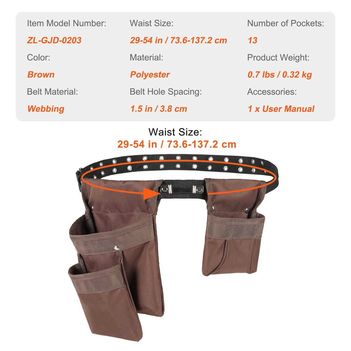 Tool Belt, Adjusts from 29 Inches to 54 Inches, Polyester Heavy Duty Tool Pouch Bag, Detachable Tool Bag for Electrician, Carpenter, Handyman, Woodworker, Construction, Framer, Brown