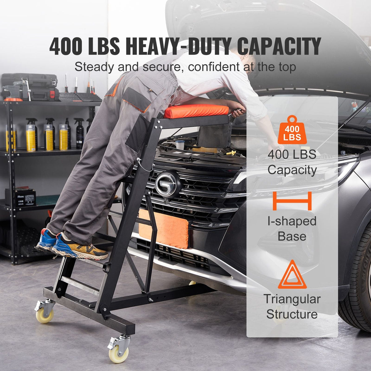 Top Automotive Creeper, Engine Creeper with Adjustable Height 45.7" to 66.3", 400 LBS Capacity High Creeper, 4 Swivel Caster Wheels, Heavy Duty Creeper for Auto Repair and Maintenance