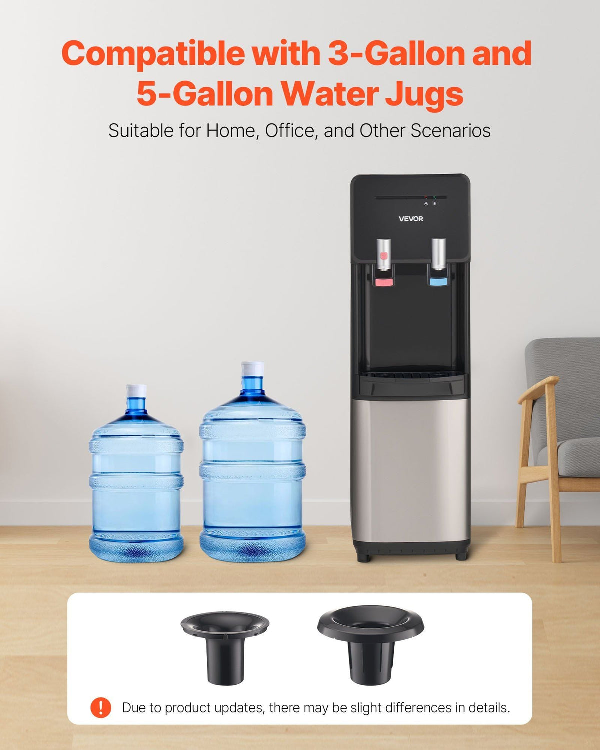 Top Loading Water Cooler Dispenser, Hot and Cold Water Dispenser for 3 or 5 Gallons Bottles, Sturdy Stainless Steel and Child Security Lock, Ideal for Homes, Kitchens, Offices, Dorms, Black
