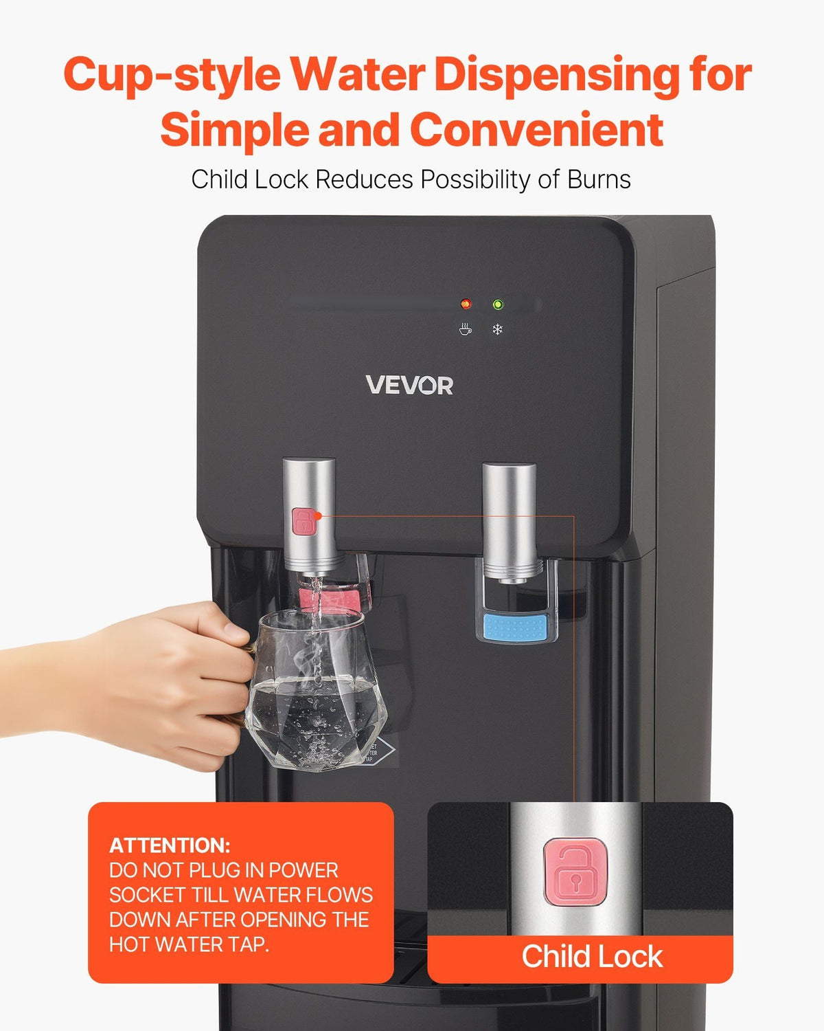 Top Loading Water Cooler Dispenser, Hot and Cold Water Dispenser for 3 or 5 Gallons Bottles, Sturdy Stainless Steel and Child Security Lock, Ideal for Homes, Kitchens, Offices, Dorms, Black