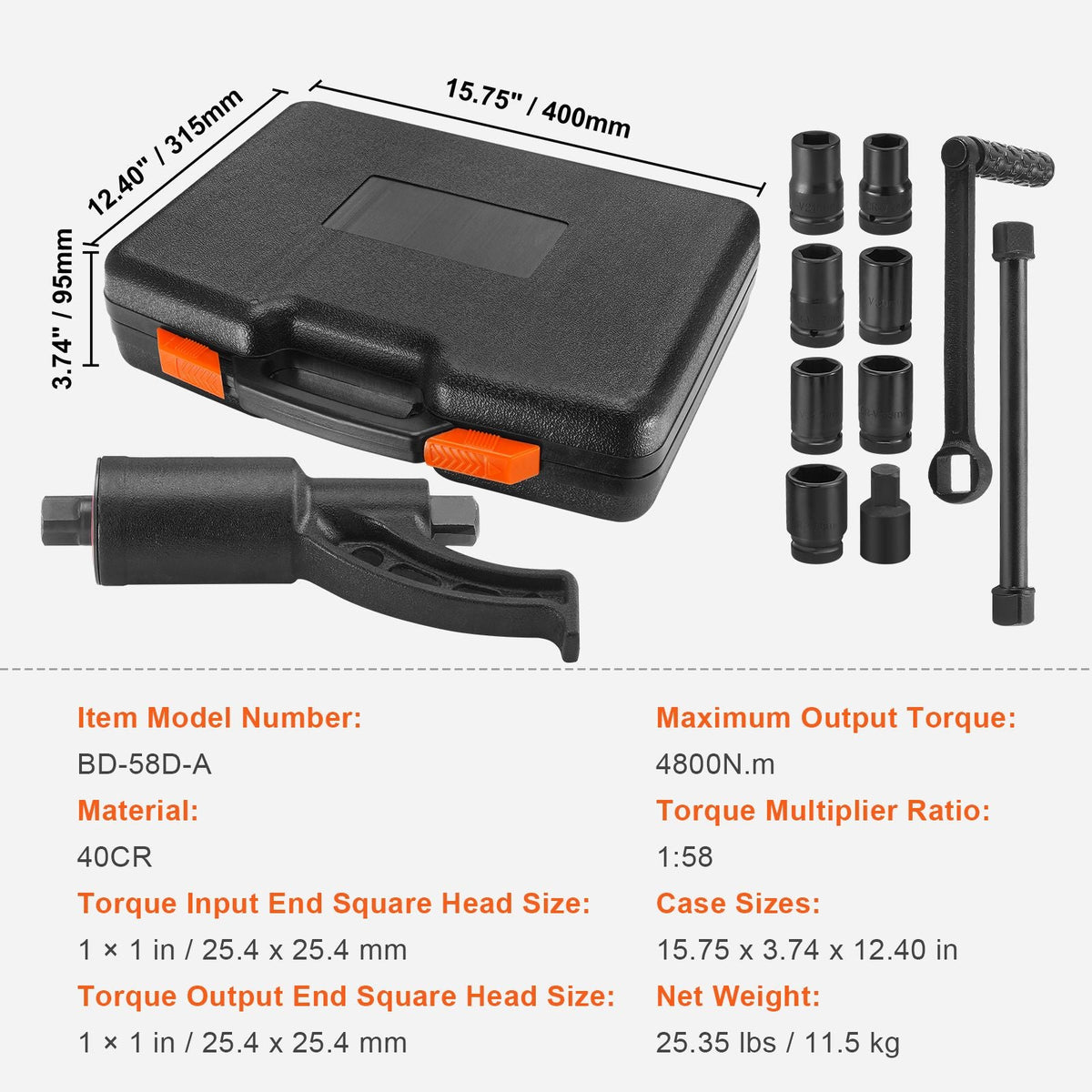 Torque Multiplier, 1 Inch Drive Lug Nut Wrench/Multiplier Heavy Duty Torque Multiplier Wrench Set, 1:58 4800N.m Lug Nut Remover, Includes 8 Sockets (24-38mm) and Storage Case