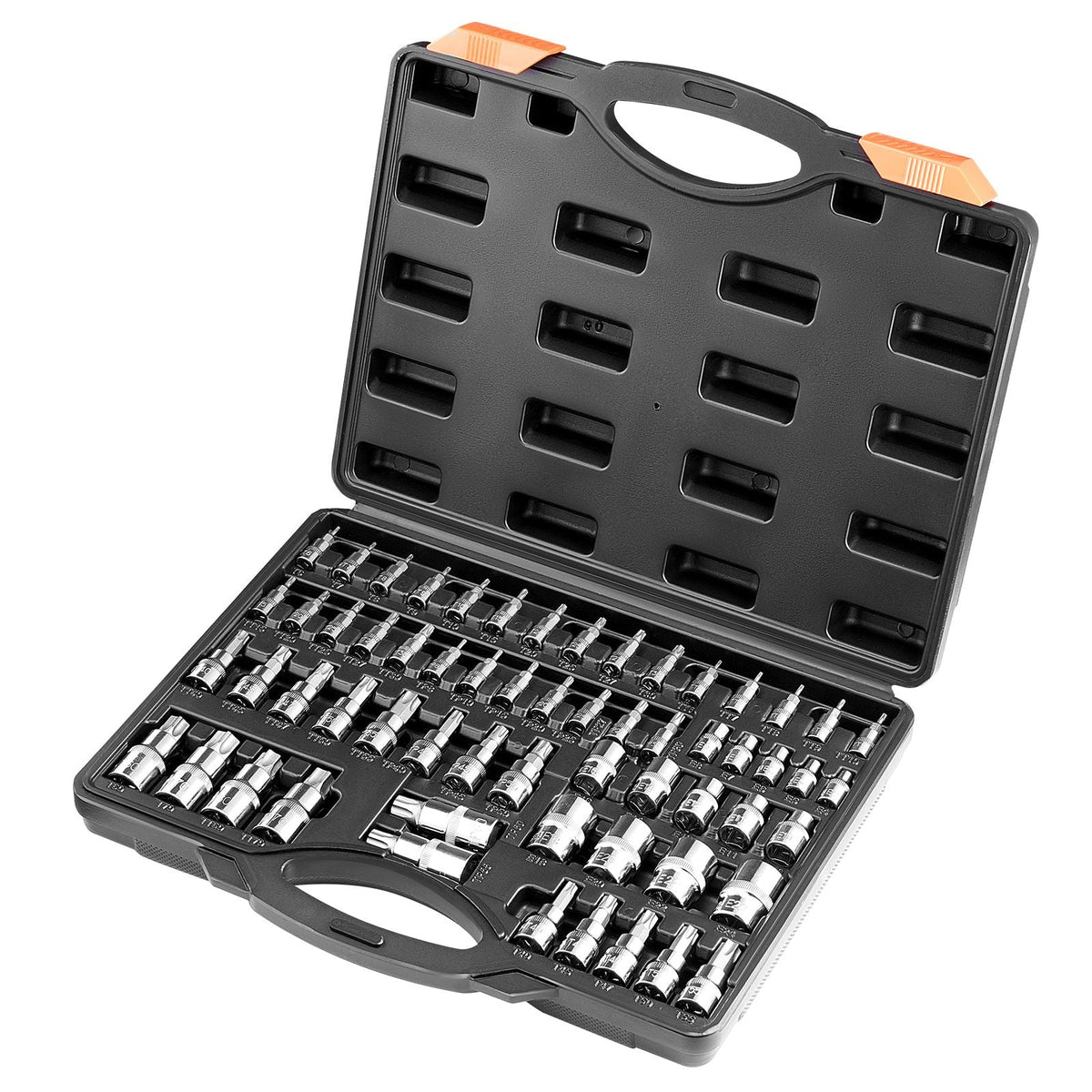 Torx Bit Socket and External Torx Socket Set, 60-Piece T6-T70, TT6-TT70, TP8-TP60, E4-E24, S2 Alloy Steel and Cr-V Steel, 1/4 in, 3/8 in, and 1/2 in Drives, with Enhanced Storage Case, Hand Use