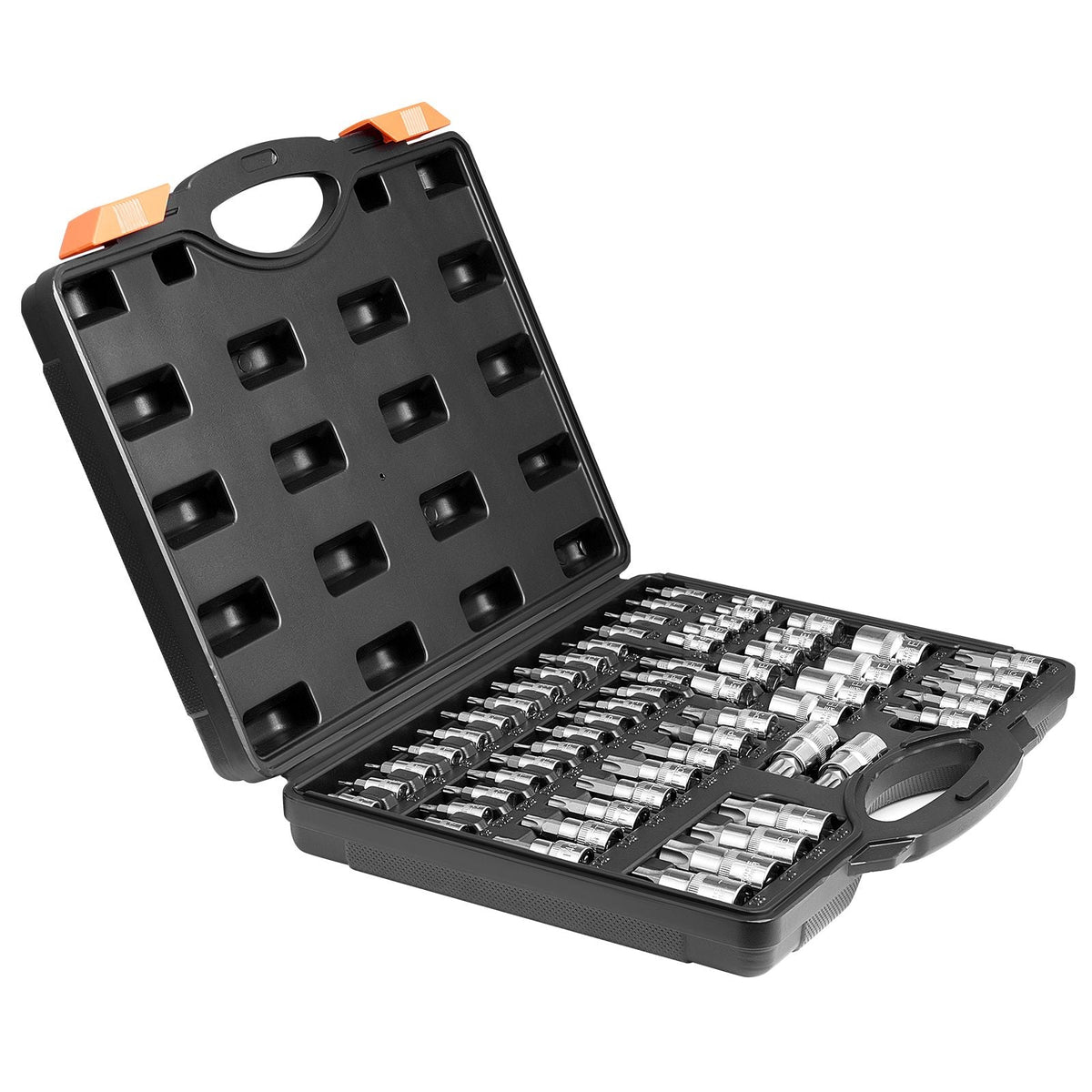Torx Bit Socket and External Torx Socket Set, 60-Piece T6-T70, TT6-TT70, TP8-TP60, E4-E24, S2 Alloy Steel and Cr-V Steel, 1/4 in, 3/8 in, and 1/2 in Drives, with Enhanced Storage Case, Hand Use