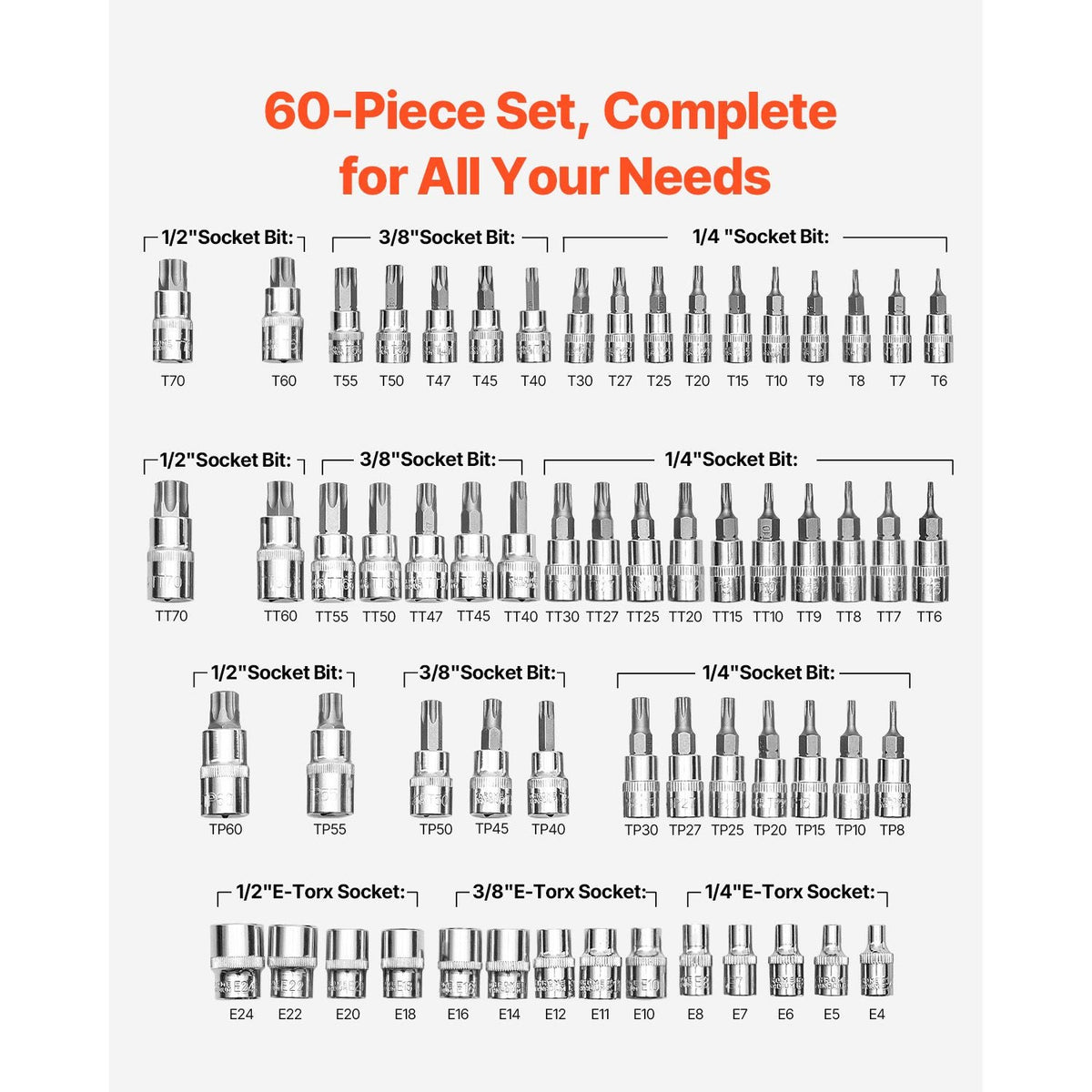 Torx Bit Socket and External Torx Socket Set, 60-Piece T6-T70, TT6-TT70, TP8-TP60, E4-E24, S2 Alloy Steel and Cr-V Steel, 1/4 in, 3/8 in, and 1/2 in Drives, with Enhanced Storage Case, Hand Use