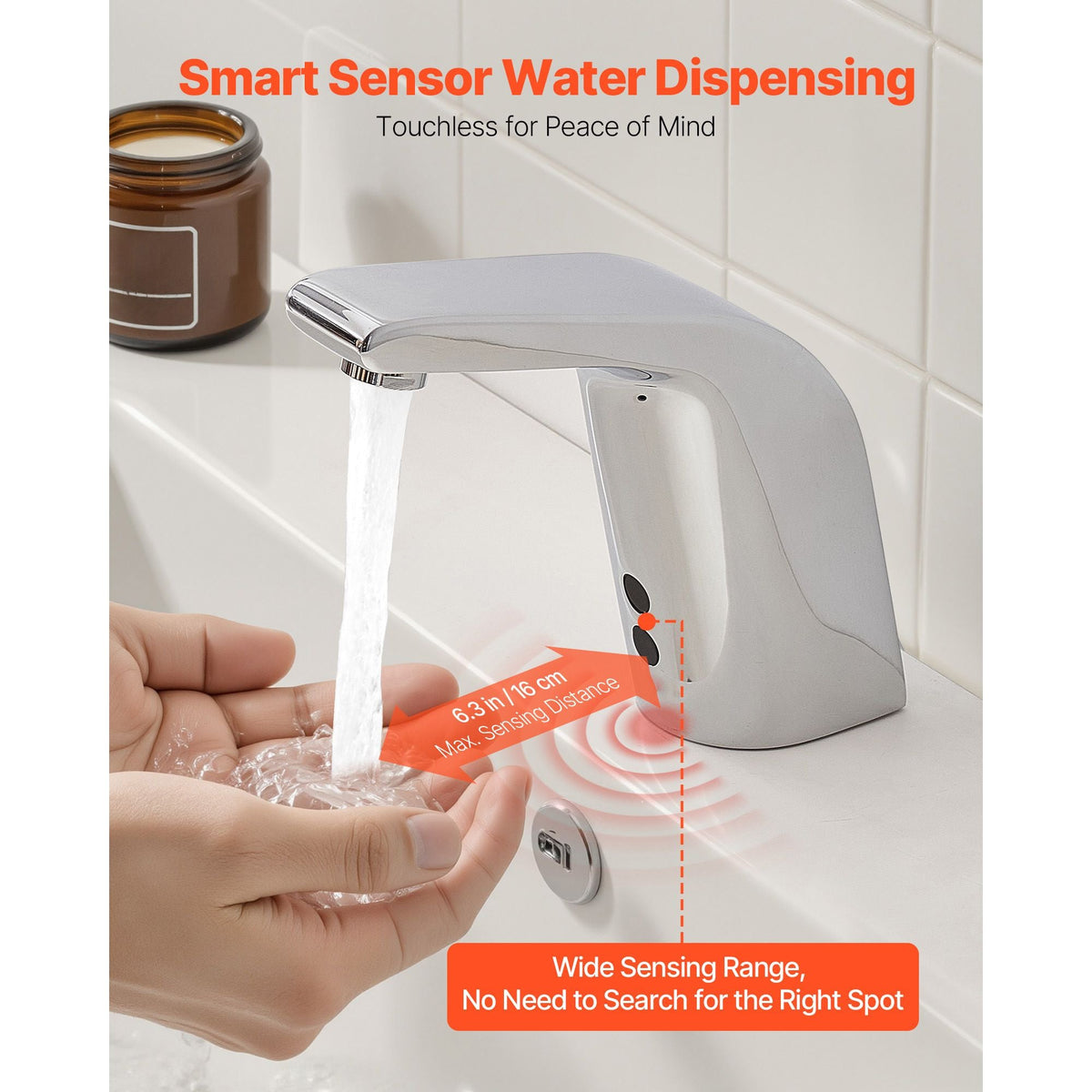 Touchless Bathroom Sink Faucet, Automatic Motion Sensor Restroom Toilet Faucet Cold Water with Single Hole, Battery Operated for 9/16 in Pipe Commercial Lavatory,Chrome Plated Silver