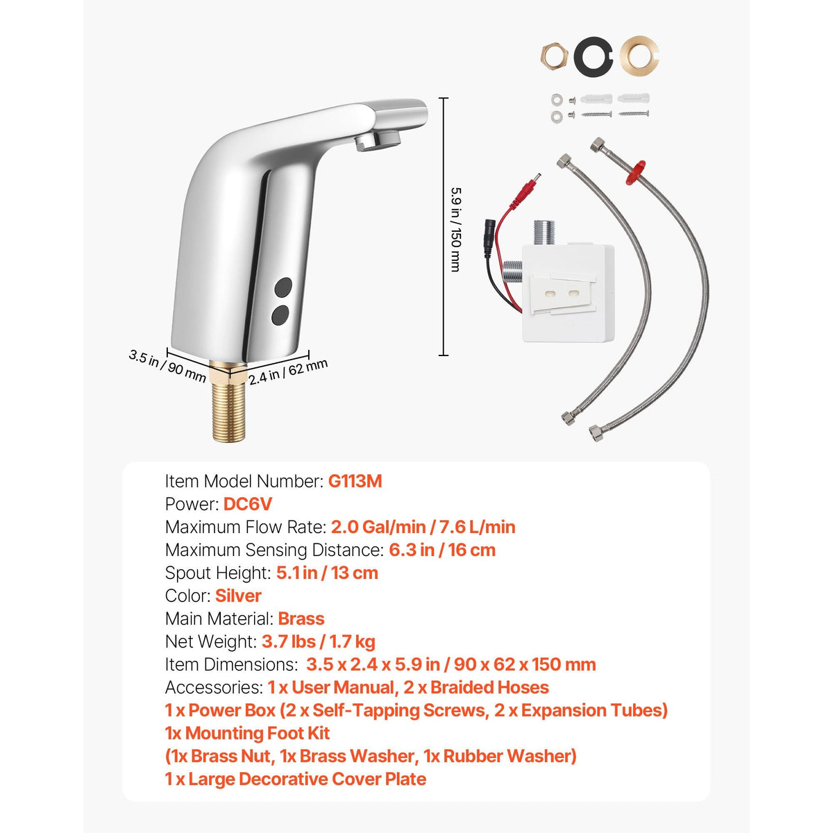 Touchless Bathroom Sink Faucet, Automatic Motion Sensor Restroom Toilet Faucet Cold Water with Single Hole, Battery Operated for 9/16 in Pipe Commercial Lavatory,Chrome Plated Silver