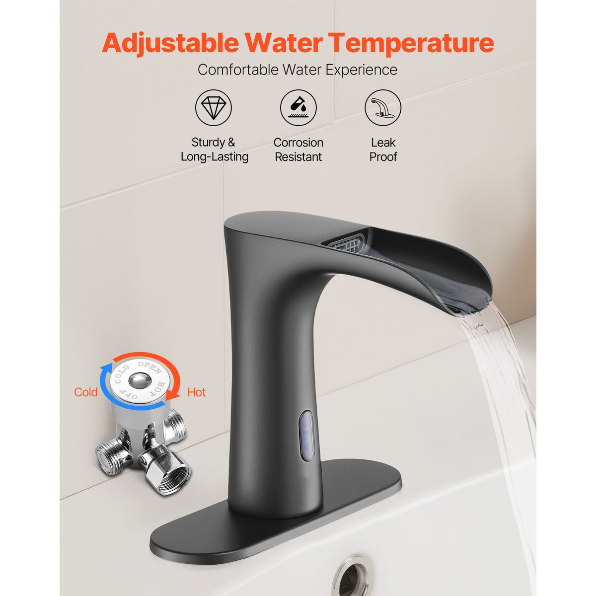 Touchless Bathroom Sink Faucet, Automatic Motion Sensor Waterfall Restroom Toilet Faucet with Hole Cover Plate, Modern Electronic Sensor Hot/Cold Water for 9/16 in Pipe Commercial,Matte Black