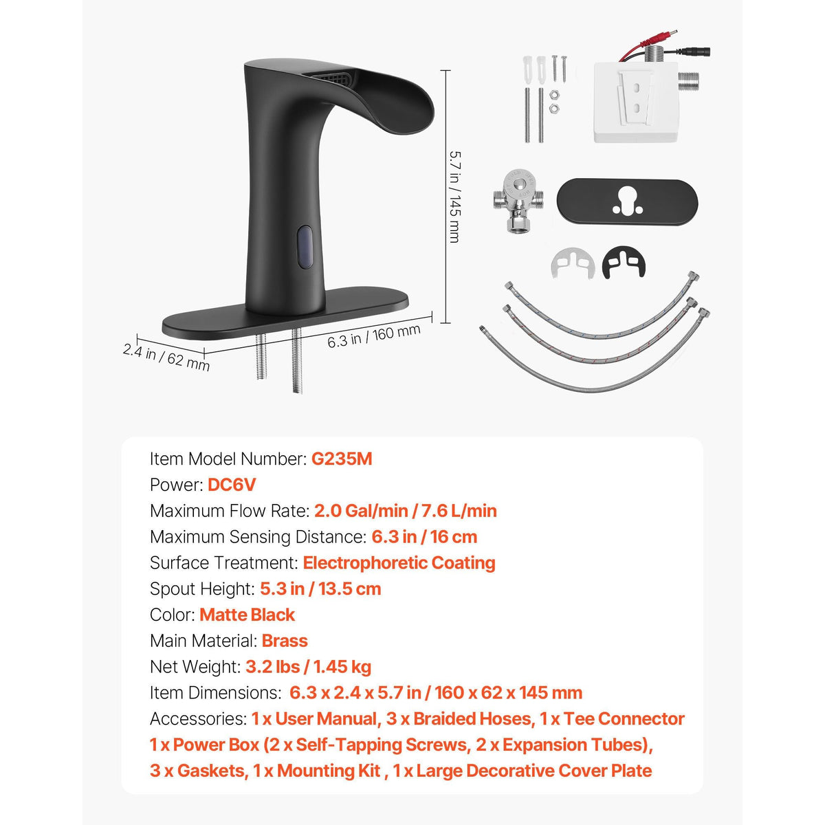 Touchless Bathroom Sink Faucet, Automatic Motion Sensor Waterfall Restroom Toilet Faucet with Hole Cover Plate, Modern Electronic Sensor Hot/Cold Water for 9/16 in Pipe Commercial,Matte Black