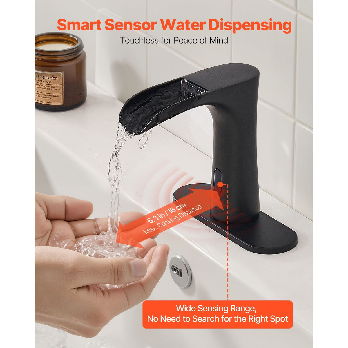 Touchless Bathroom Sink Faucet, Automatic Motion Sensor Waterfall Restroom Toilet Faucet with Hole Cover Plate, Modern Electronic Sensor Hot/Cold Water for 9/16 in Pipe Commercial,Matte Black