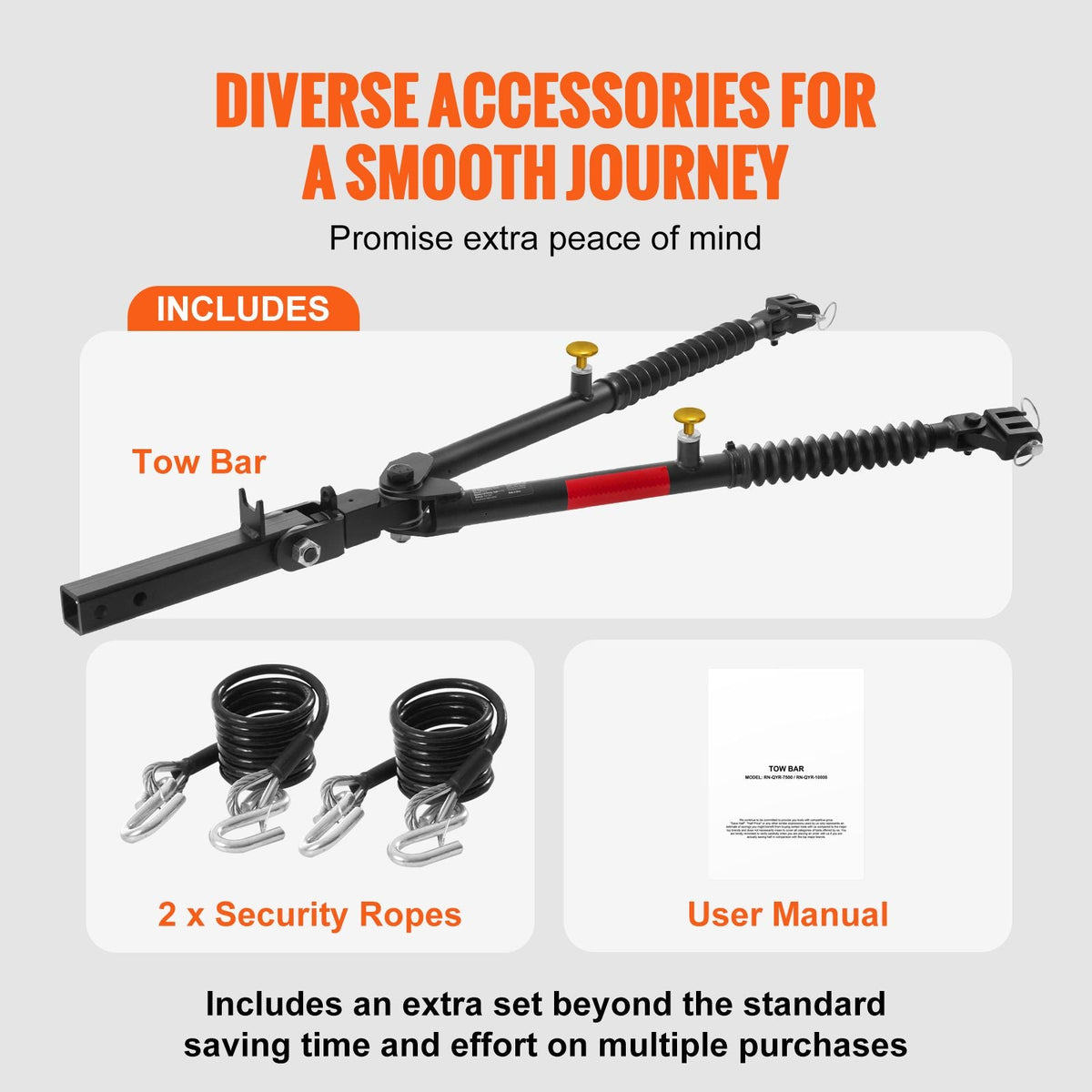 Tow Bar, 7500 lbs Towing Capacity with Ropes, Powder-Coating Alloy Steel Bumper-Mounted Universal Towing Bar with Max 52 inches Telescopic Rod, Fits 2-inch Connector, for RV Car Trailer Truck