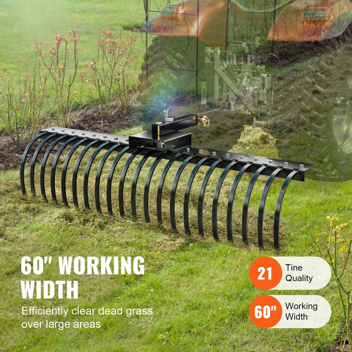 Tow Behind Landscape Rake, 60" Tow Dethatcher with 21 Steel Coil Tines, Lawn Dethatcher Rake Attaches to 48" or 60" Toolbars and 3-point Suspension Systems, for Leaves, Pine Needles, and Grass