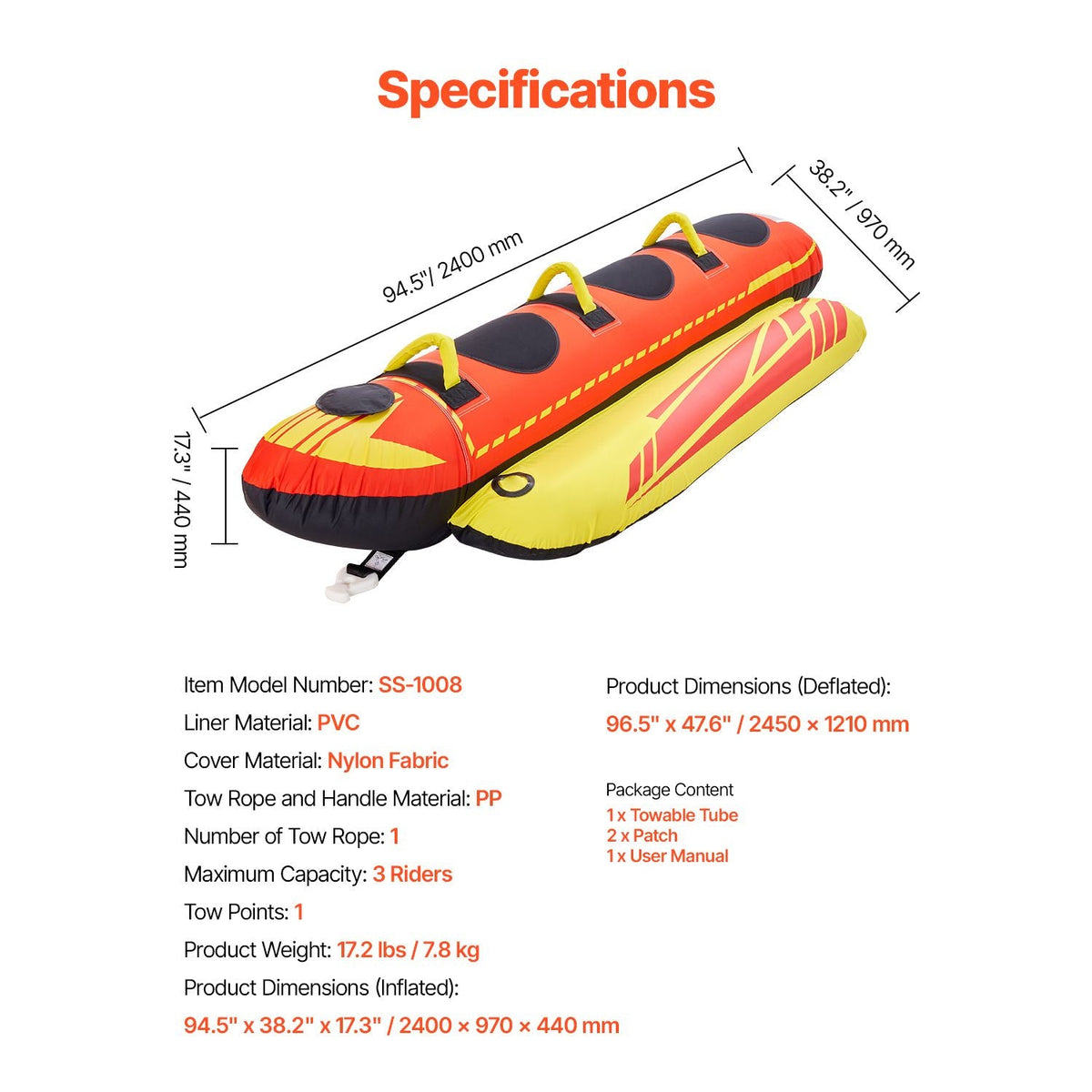 Towable Tubes for Boating, 1-3 Riders Inflatable Boat Tubes and Towables, 510lbs Capacity Hot Dog Water Sport Tube for Boat to Pull - with Full Nylon Cover, Padded Handles & Speed Safety Valve