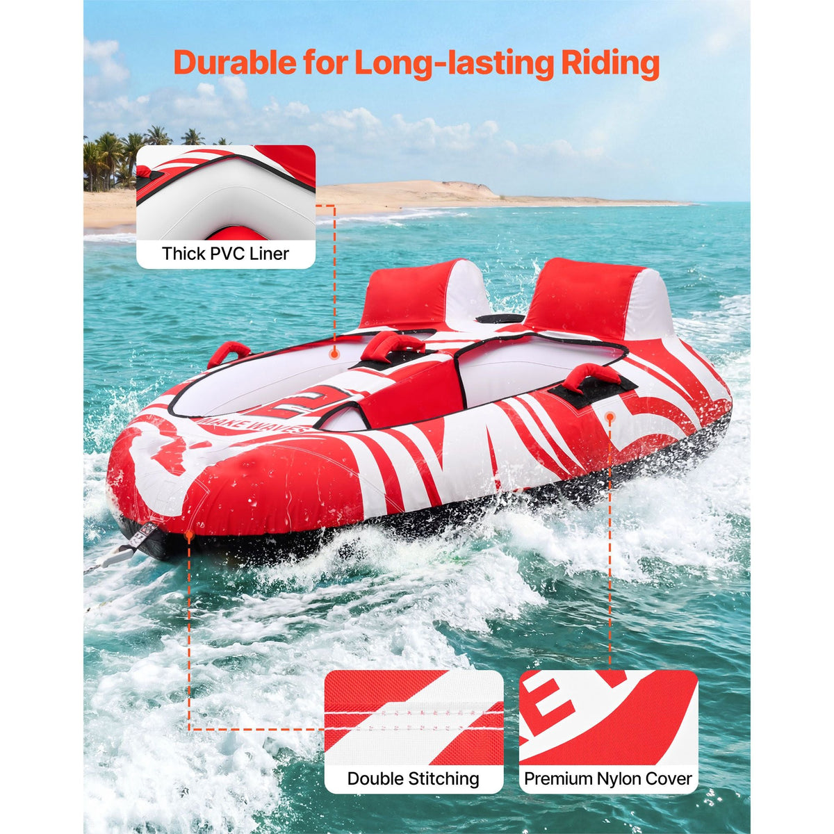 Towable Tubes for Boating, 2-Rider Inflatable Boat Tubes and Towables, 340 lbs Capacity Water Sport Tubes for Boat to Pull - with 2 Cockpits, Full Nylon Cover, Padded Grab Handles & Safety Valve
