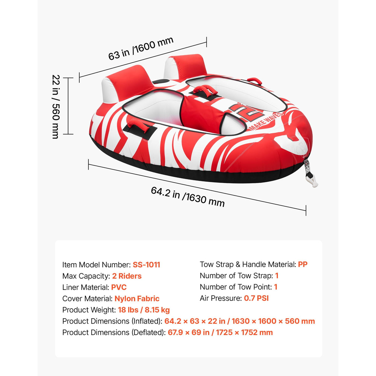 Towable Tubes for Boating, 2-Rider Inflatable Boat Tubes and Towables, 340 lbs Capacity Water Sport Tubes for Boat to Pull - with 2 Cockpits, Full Nylon Cover, Padded Grab Handles & Safety Valve