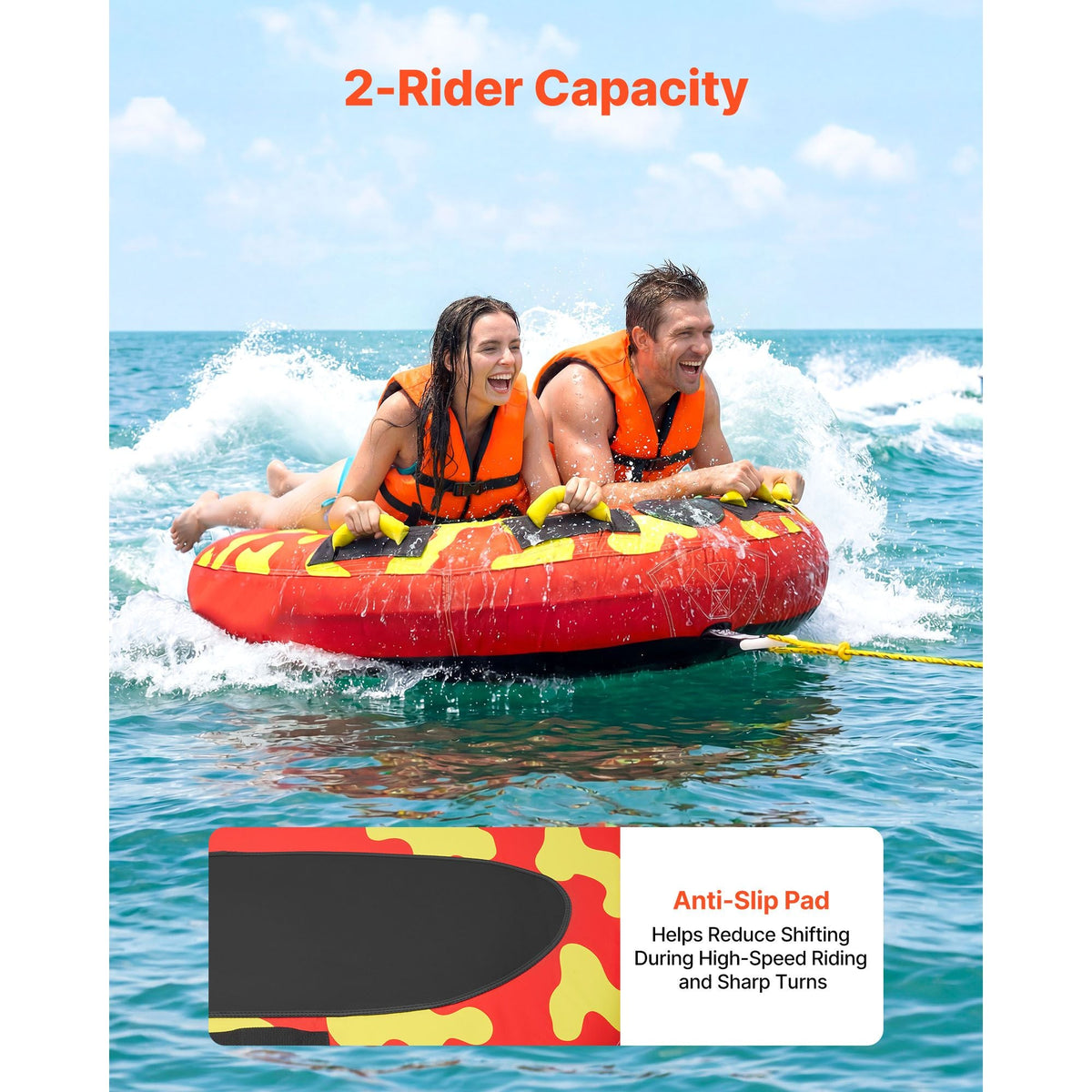 Towable Tubes for Boating, 2-Rider Inflatable Boat Tubes and Towables, 340lbs Capacity Water Sport Tube for Boat to Pull - with Anti-Slip Pad, Full Nylon Cover, Padded Handles & Safety Valve