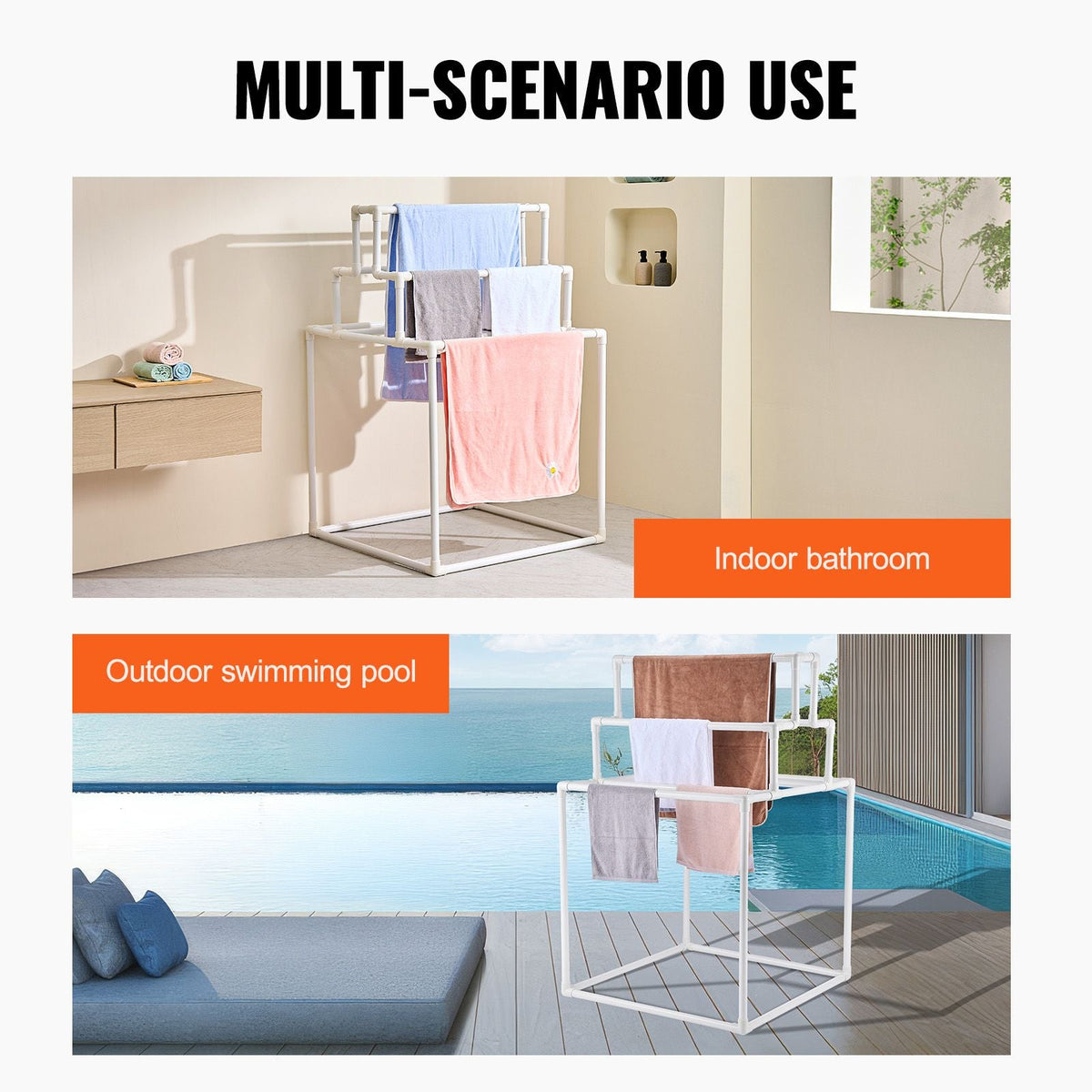Towel Rack, 8 Bars Outdoor PVC Towel Holder, Freestanding Pool Towel Hanger Stand Next to Hot Tub, Outdoor Indoor Quilt Drying Rack Organizer, Ideal for Poolside, Bathroom, Spa, White