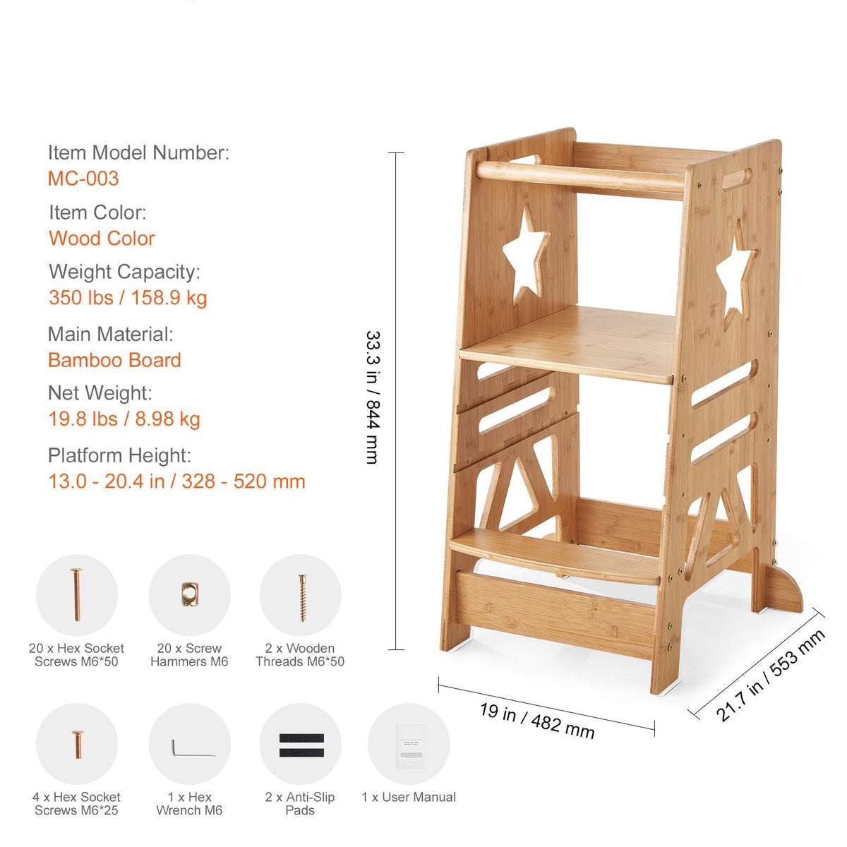 Tower Step Stool, 3-Level Height Adjustable Toddler Step Stools for Kids, Bamboo Kids Standing Tower Learning Stool with Safety Rail for Kitchen Counter Bathroom, 350LBS