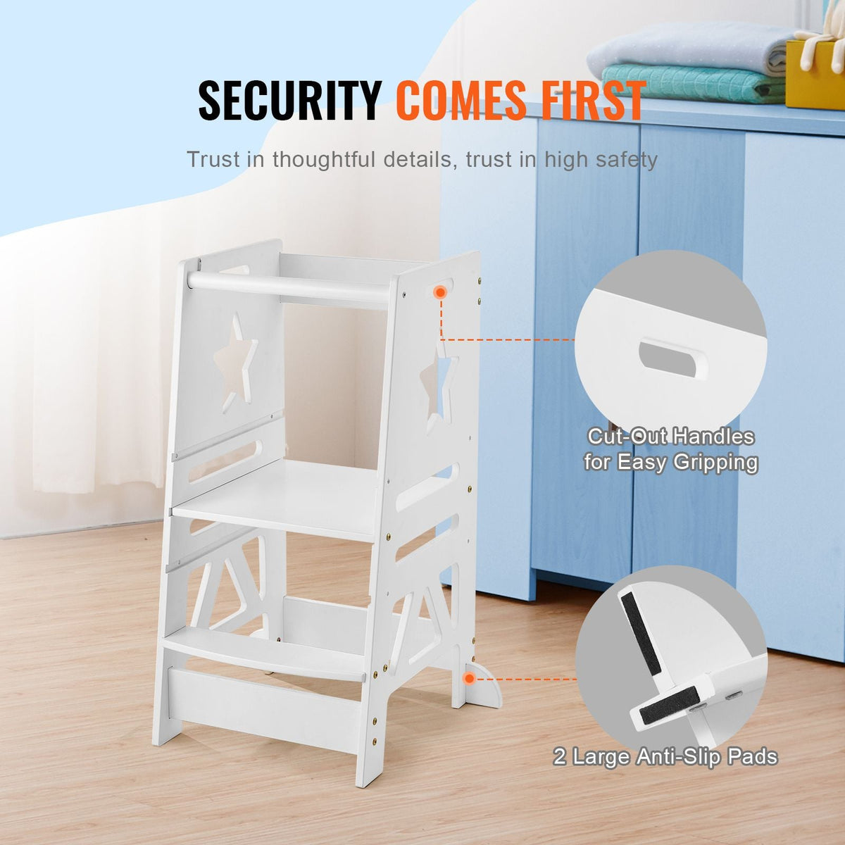 Tower Step Stool, 3-Level Height Adjustable Toddler Step Stools for Kids, Kitchen Stool Helper, Bamboo Standing Tower Learning Stool with Safety Rail for Kitchen Counter Bathroom, 350LBS, White