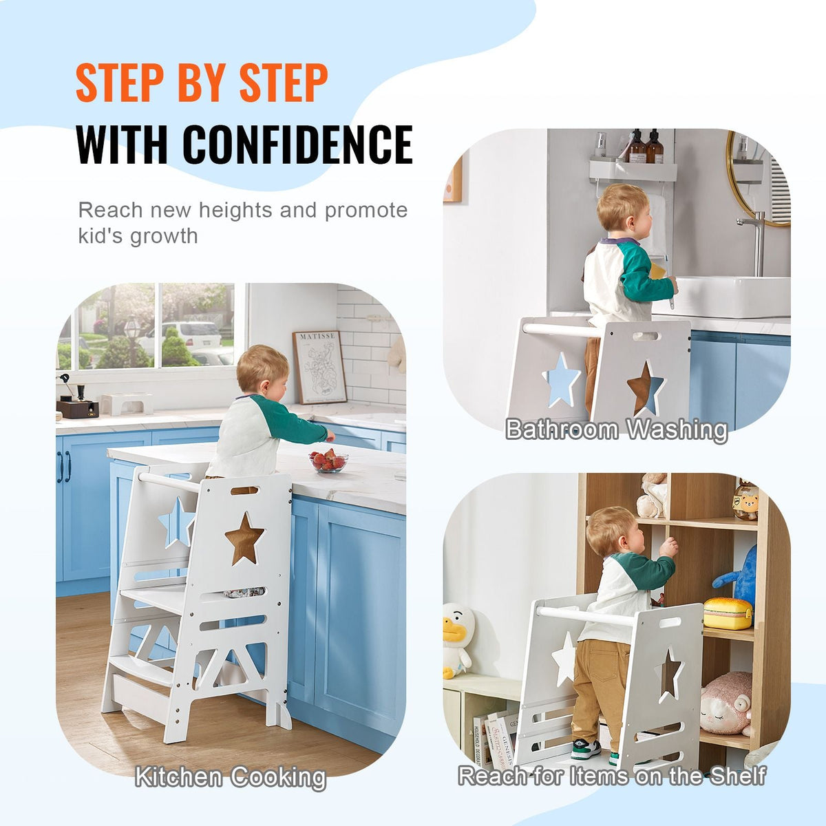 Tower Step Stool, 3-Level Height Adjustable Toddler Step Stools for Kids, Kitchen Stool Helper, Bamboo Standing Tower Learning Stool with Safety Rail for Kitchen Counter Bathroom, 350LBS, White